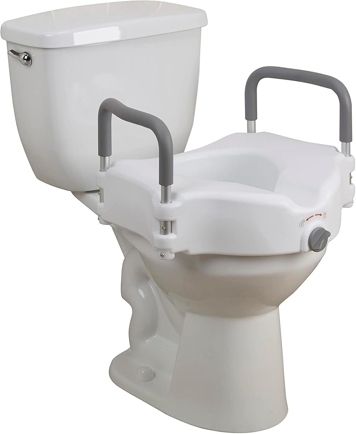 Drive Medical 2-in-1 Raised Toilet Seat with Removable Padded Arms – Elevated Bathroom Safety Support – Secure Locking Attachment – Easy Height Assistance – Durable Construction, Standard Toilets