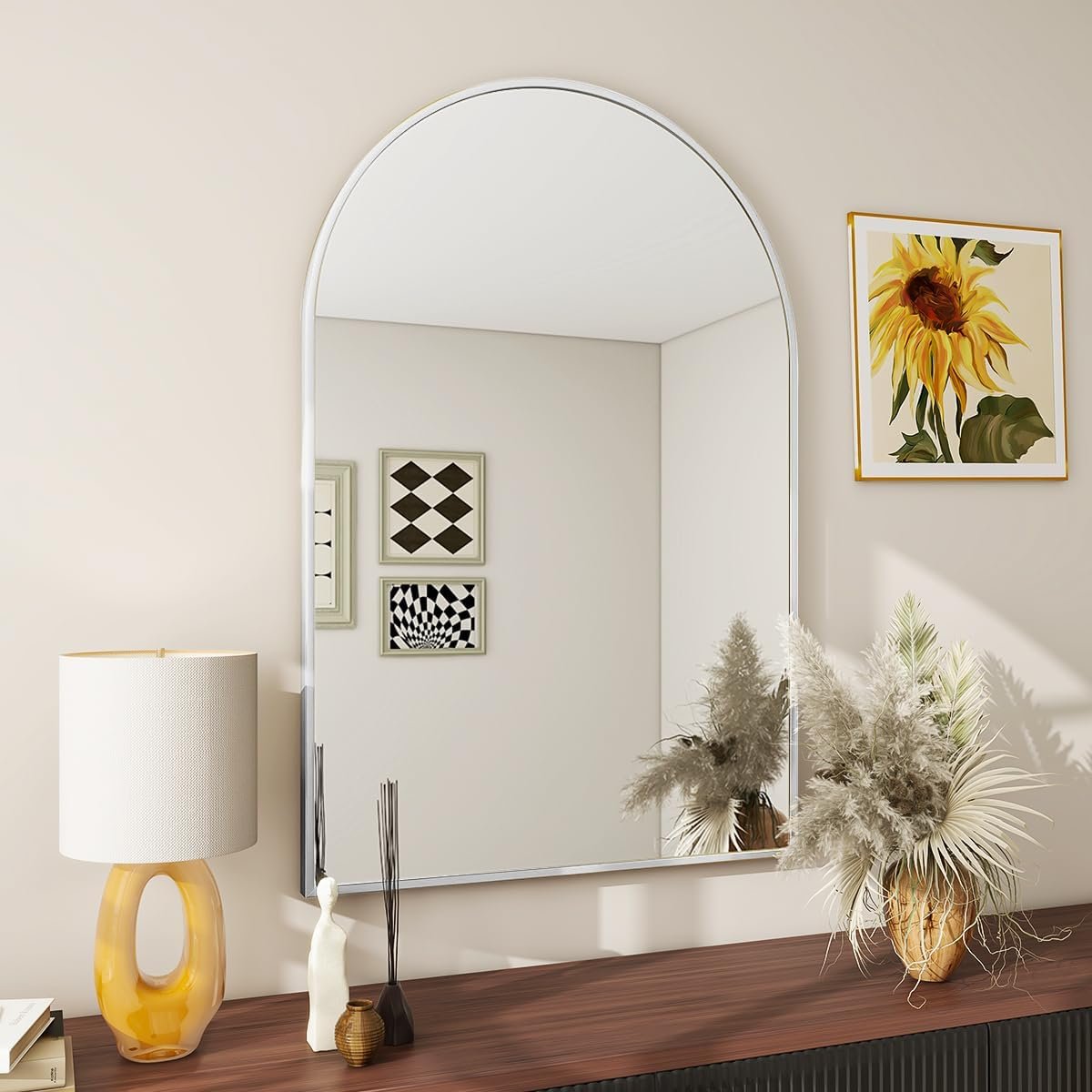 BEAUTYPEAK 20″x30″ Arch Bathroom Wall Mirror, Silver | Wall Mounted Vanity Metal Frame Mirror for Bedroom, Entryway, Living Room, Fireplace