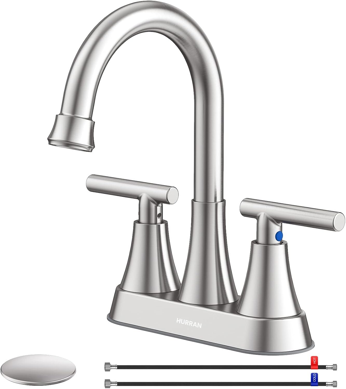 Bathroom Faucet, Hurran 4 inch Centerset 2-Handle Lead-Free, Brushed Nickel | Bathroom Sink Faucet with Pop-up Drain and Supply Lines, Stainless Steel Faucet for Vanity RV Restroom Laundry Outdoor Sink