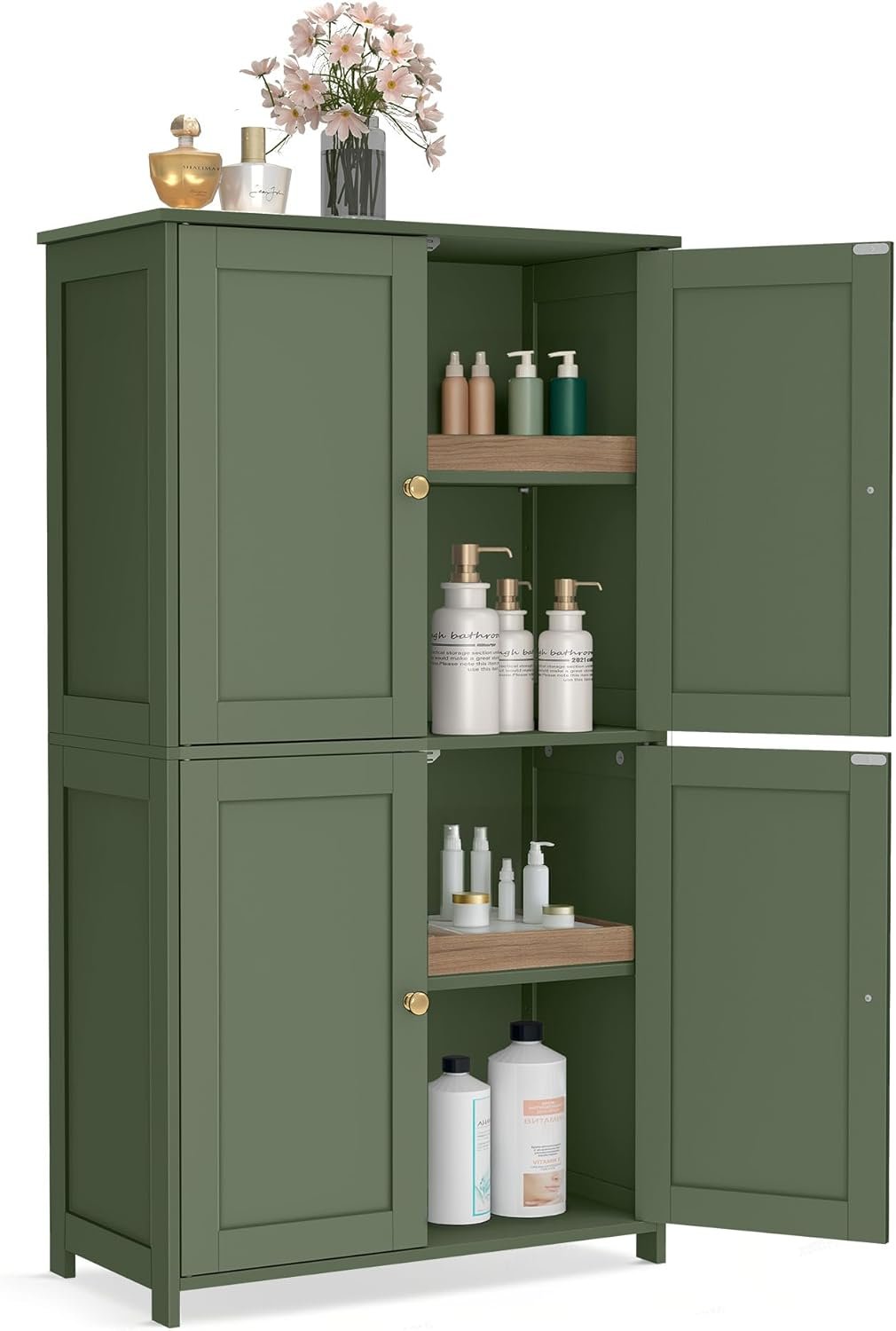VASAGLE Floor Storage Cabinet, Shaker Cabinet with 2 Adjustable Shelves, 4 Doors, Tall Freestanding Organizer Unit, for Kitchen Bathroom Living Room, Forest Green UBBC553CH01S