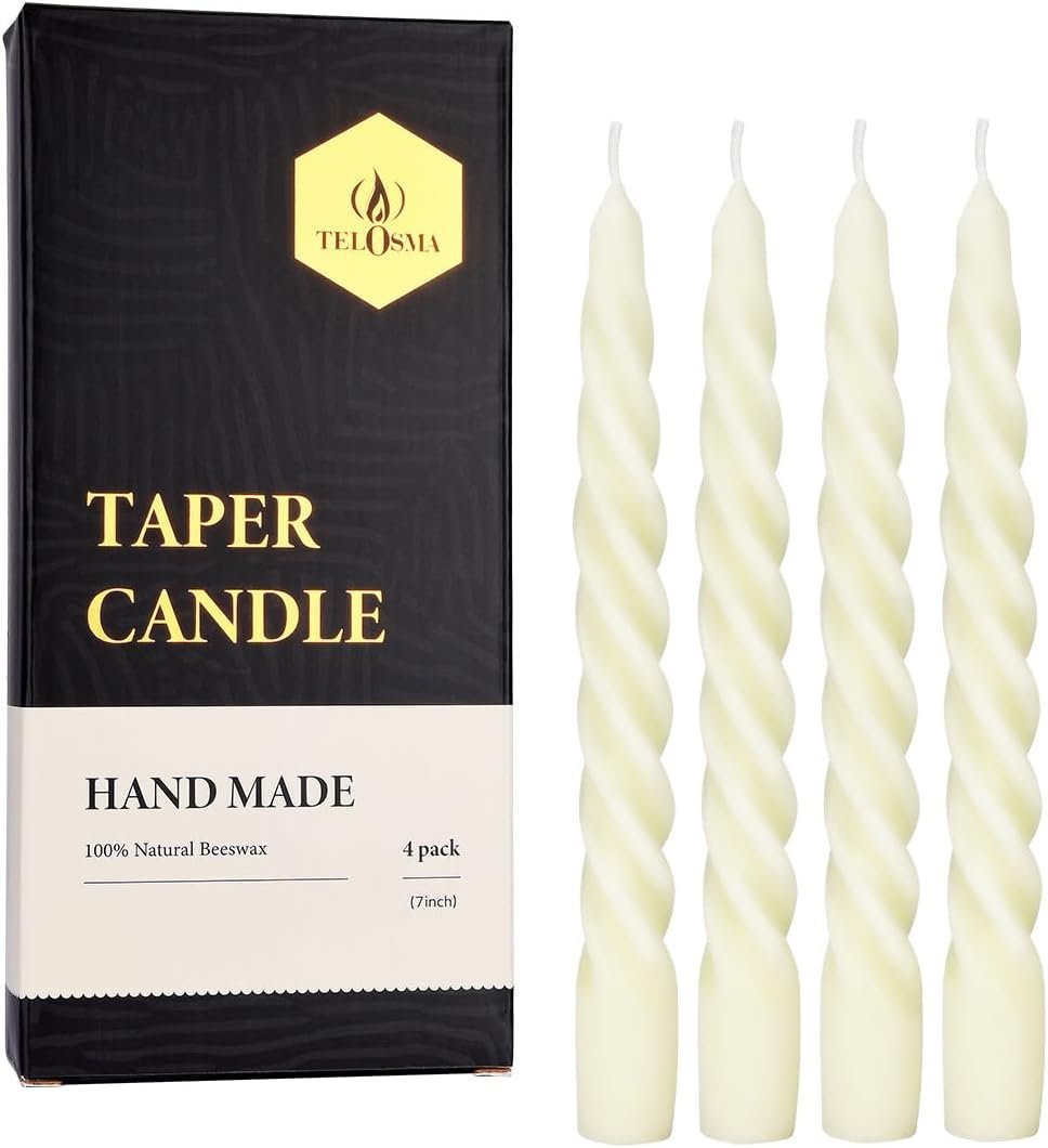 Beeswax Taper Candles Set of 4,Spiral Taper Candle Dripless Short Candle Sticks for Dinner Wedding Party Christmas Home Decorations – 7 inch in Height- Off White