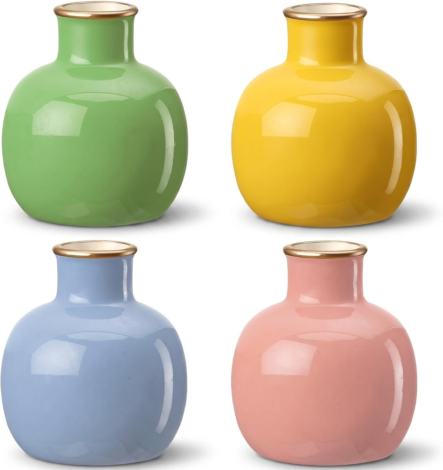 4 Pcs Small Ceramic Bud Vases Set Mini Boho Floral Vase with Golden Rim for Home Decor, Nordic Style Decorative Centerpiece for Wedding, Bookshelf, Table Decor Blue, Green, Pink, Yellow