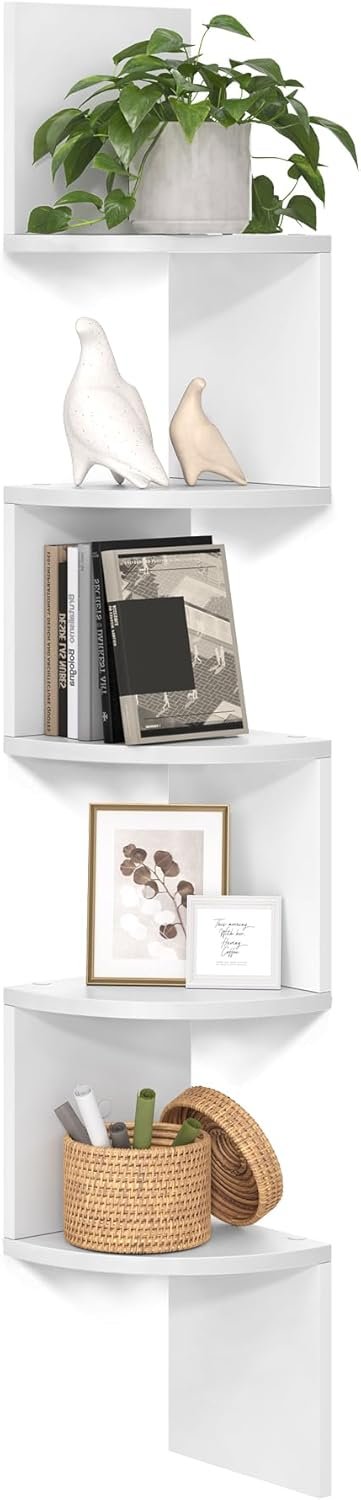 VASAGLE CUSTOS Collection – Corner Shelf Wall Mount, 5-Tier Floating Corner Bookshelf, Plant Shelf for Bedroom, Living Room, Bathroom, Home Office, Cloud White ULBC72WT