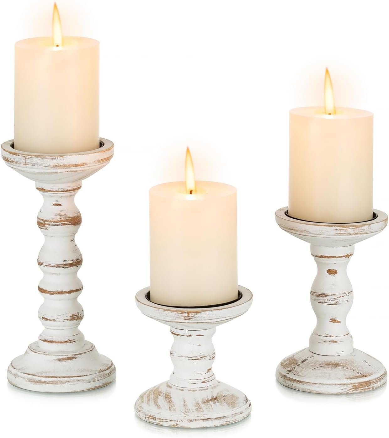 Candeldo Wood Candle Holder for Pillar, White Farmhouse Fireplace Decor | Set of 3, Table Centerpiece, Tall Shabby Chic Decor, Wooden Rustic Decorations for Mantle