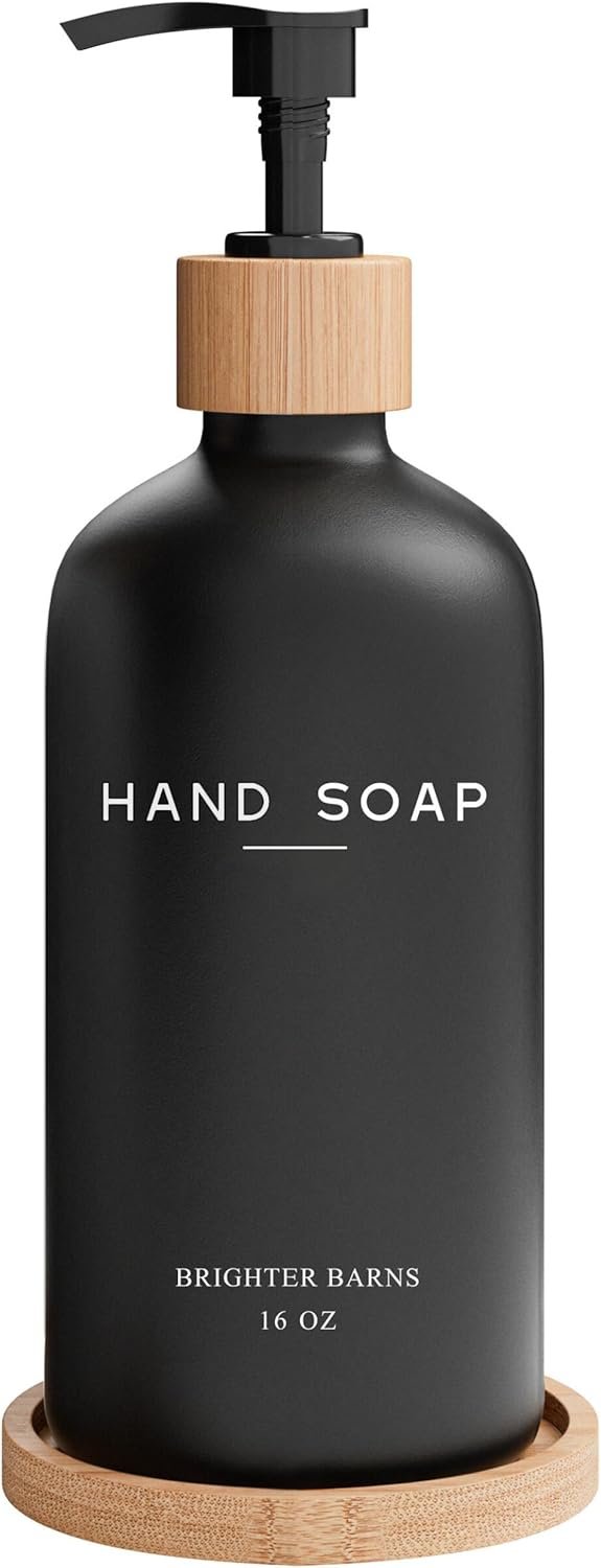 Black Glass Hand Soap Dispenser Bathroom Set by Brighter Barns – Bathroom Soap Dispenser Set with Tray – Glass Pump Bottle – Luxury Bathroom Accessories for Hotel, Vacation Rental, Restaurants (Black)