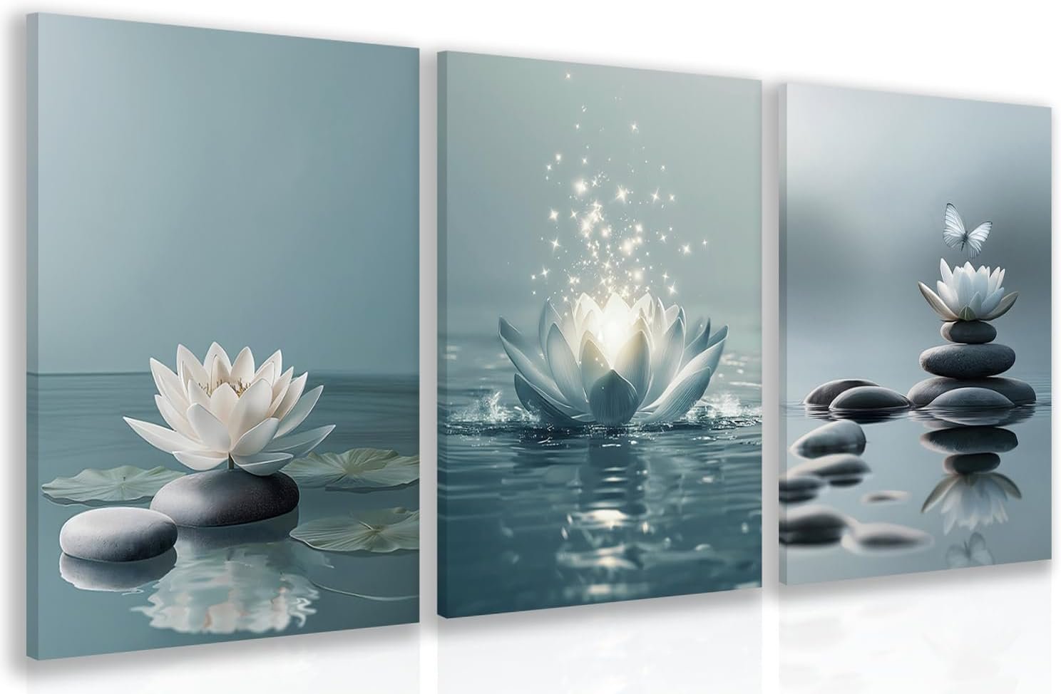 GELDSTEI Wrapped Canvas Lotus Flower Zen Stones Wall Art Set of 3, 12×16 in | Peaceful Zen Wall Decor, Blooming Lotus, Tranquil Water and Stacked Stones Art Prints, Calm Gift for Spa and Meditation Room