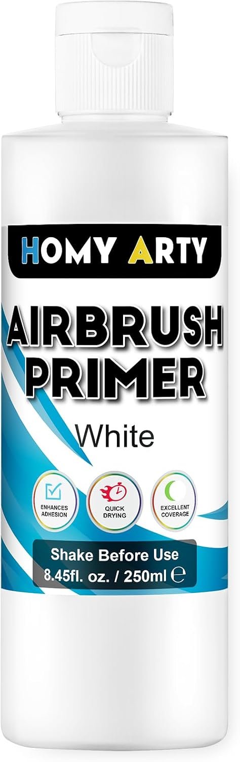HOMY ARTY Airbrush Primer – White, 8.45 fl.oz 250ml Acrylic Primer | for Airbrush Paint, Quick-Drying Matte Finish for Acrylic Paint with Excellent Adhesion to Plastic Models, Metal, Canvas