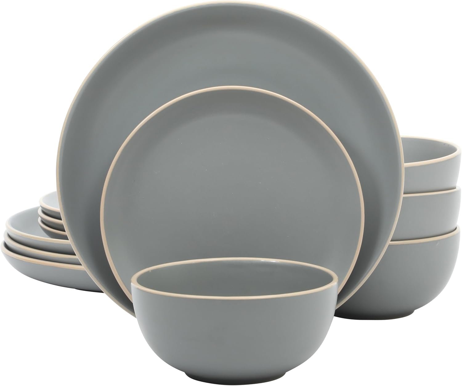 Gibson Home Rockaway 12-Piece Stoneware Dinnerware Set, Matte Finish, Service for 4, Modern Ceramic Plates and Bowls, Microwave & Dishwasher Safe – Soft Gray – Service for 4