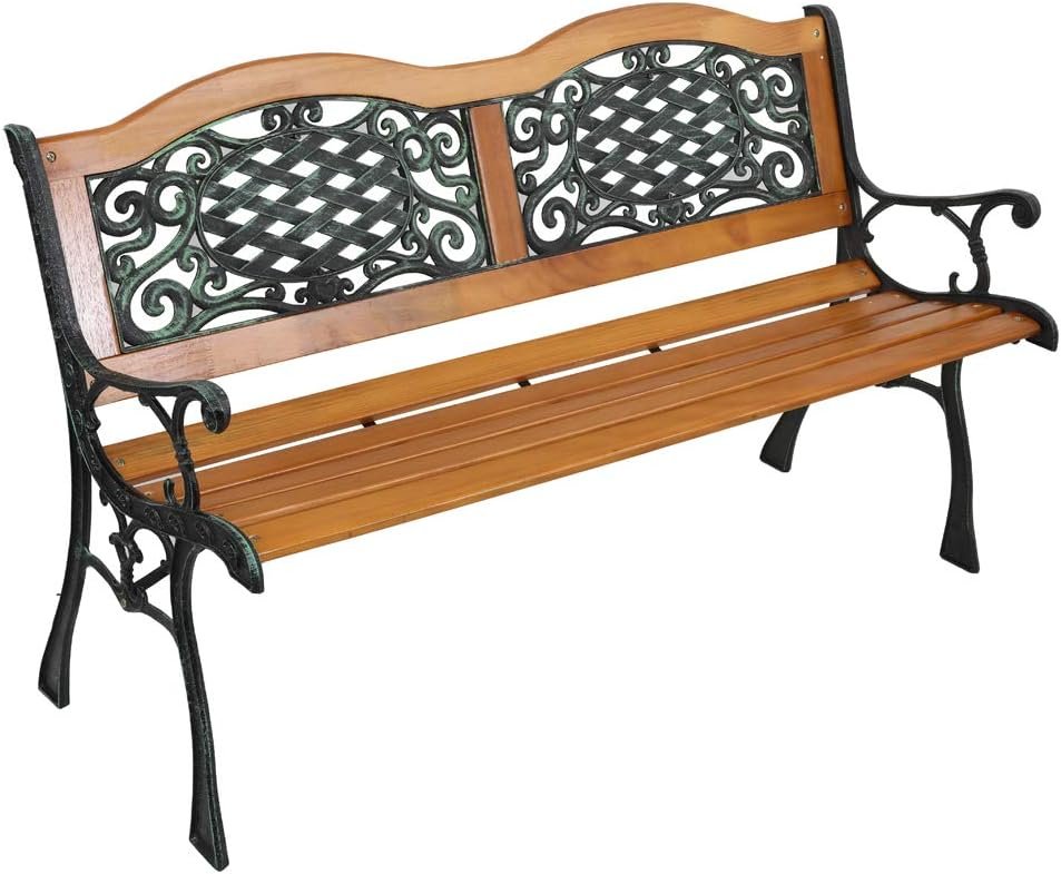 VINGLI Classic Cast Iron & Teak Arched Back Rectangular Outdoor Bench, 3-Seater, 470 lbs Capacity, Easy Assembly, Weather Resistant, 49.5″ W x 20.5″ D x 29″ H