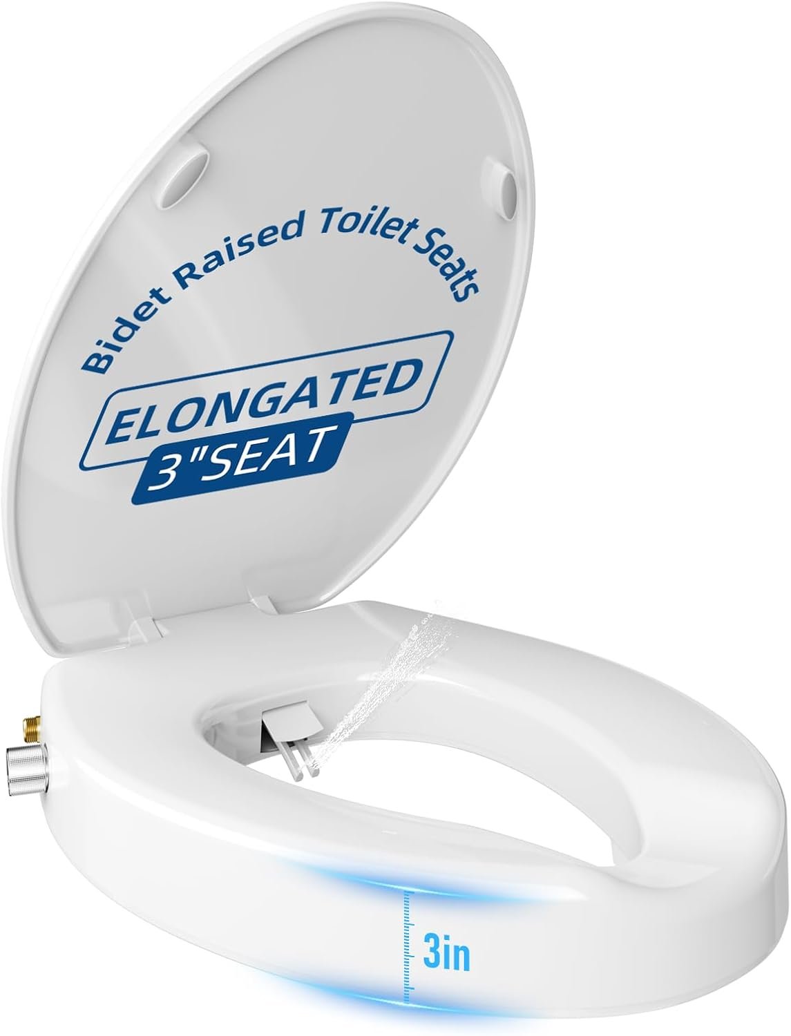 Elevated Bidet Toilet seat 3 inch, Elongated Toilet seat risers for Seniors, Non-Electric Bidet Mode with Dual Nozzles, Fit Elongated Toilet Seat, Adjustable Water Pressure with Brass inlet (18.5”)
