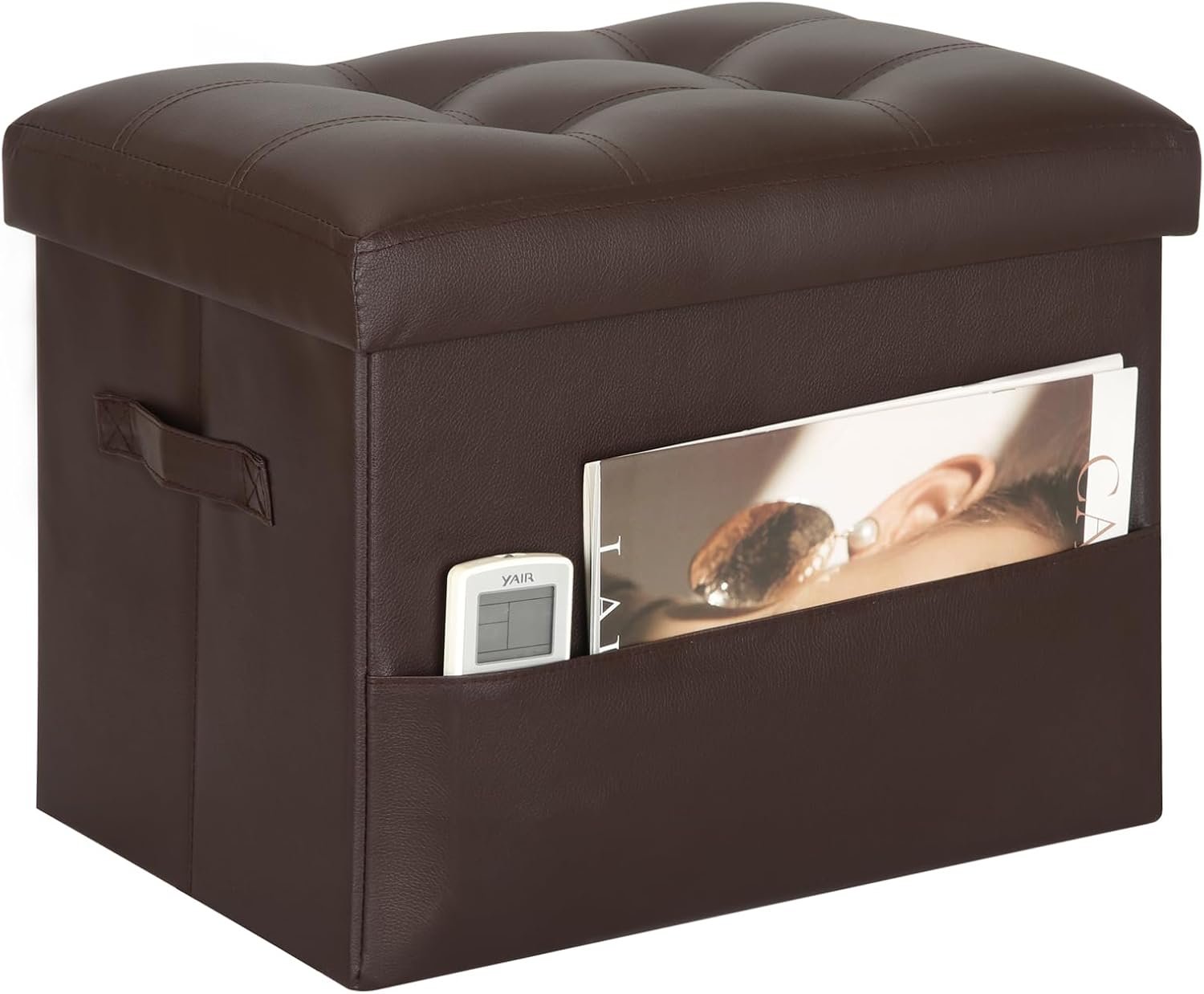 BelugaHelper Storage Ottoman Foot Rest Stool, Foldable Leather Footstool Storage Bench with Thicker Foam Padded Seat. Foot Rest Under Desk for Living Room Bedroom 350 lbs, 17x13x13 in, Brown | Small Ottoman with Storage with Thicker Foam Padded Seat, Foot Rest Stool Under Desk with Side Pockets & Handles, 17x13x13in