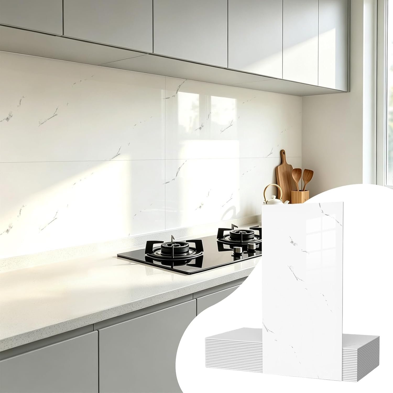 20 Pack 11.8″x23.6″ Peel and Stick Backsplash Wall Panels, Self Adhesive Waterproof Back Splash Marble Tiles for Kitchen Bathroom, TV Walls, Living Room White (Not Real Tiles)