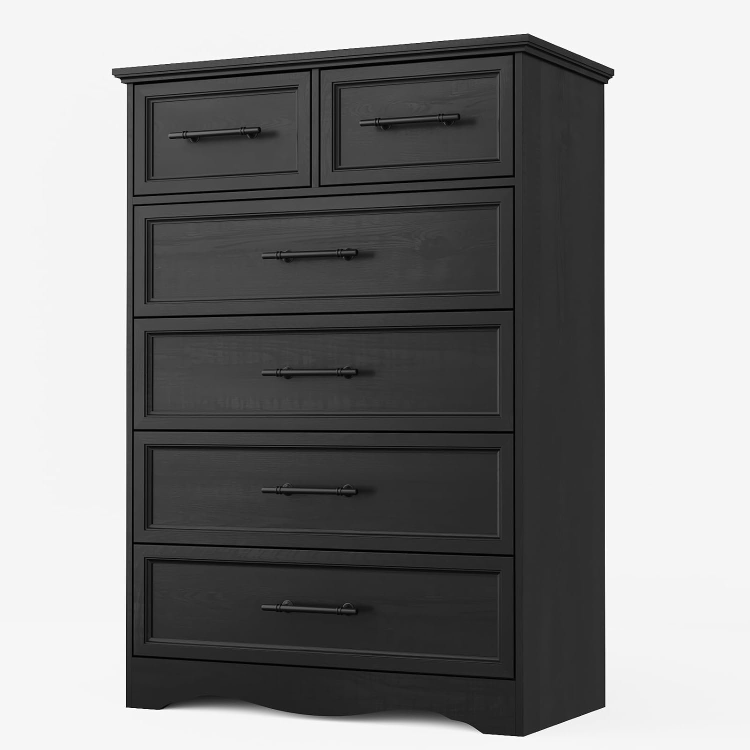 YANSNWO Black 6 Drawer Dresser for Bedroom, 44″ Tall Chest of Drawers | Brushed Metal Handles, Unique Base Design, Replicated Wood Grain Finish, Modern Farmhouse for Bedroom/Living Room/Hallway