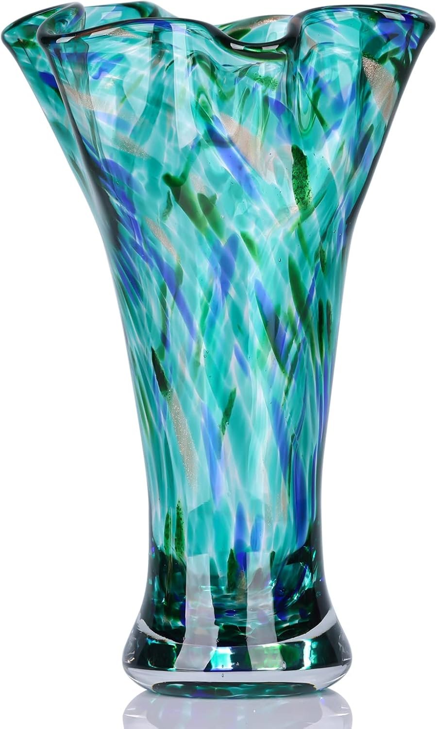 LCCCK 9.0″ H Teal Glass Vases for Flower, Unique Hand Blown Glass Vase | Wide Mouth Colorful Flower Vase for Bouquet or Centerpieces, Coastal Vases for Living Room Table Bookshelf, Shelf Decorative