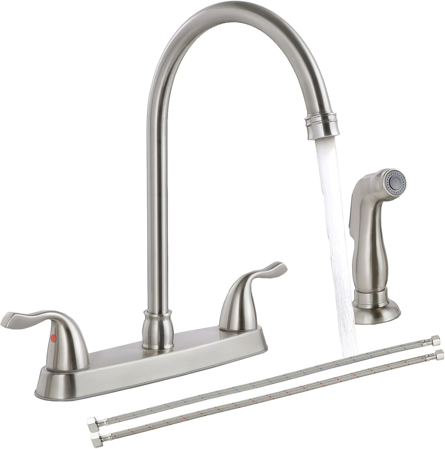 Kitchen Faucet with Side Sprayer, 2 Handle, Brushed Nickel | Lead-Free NSF Certified, High Arc, 360° Swivel Spout, 3 or 4 Hole Mount, Centerset Kitchen Sink Faucet with Supply Line