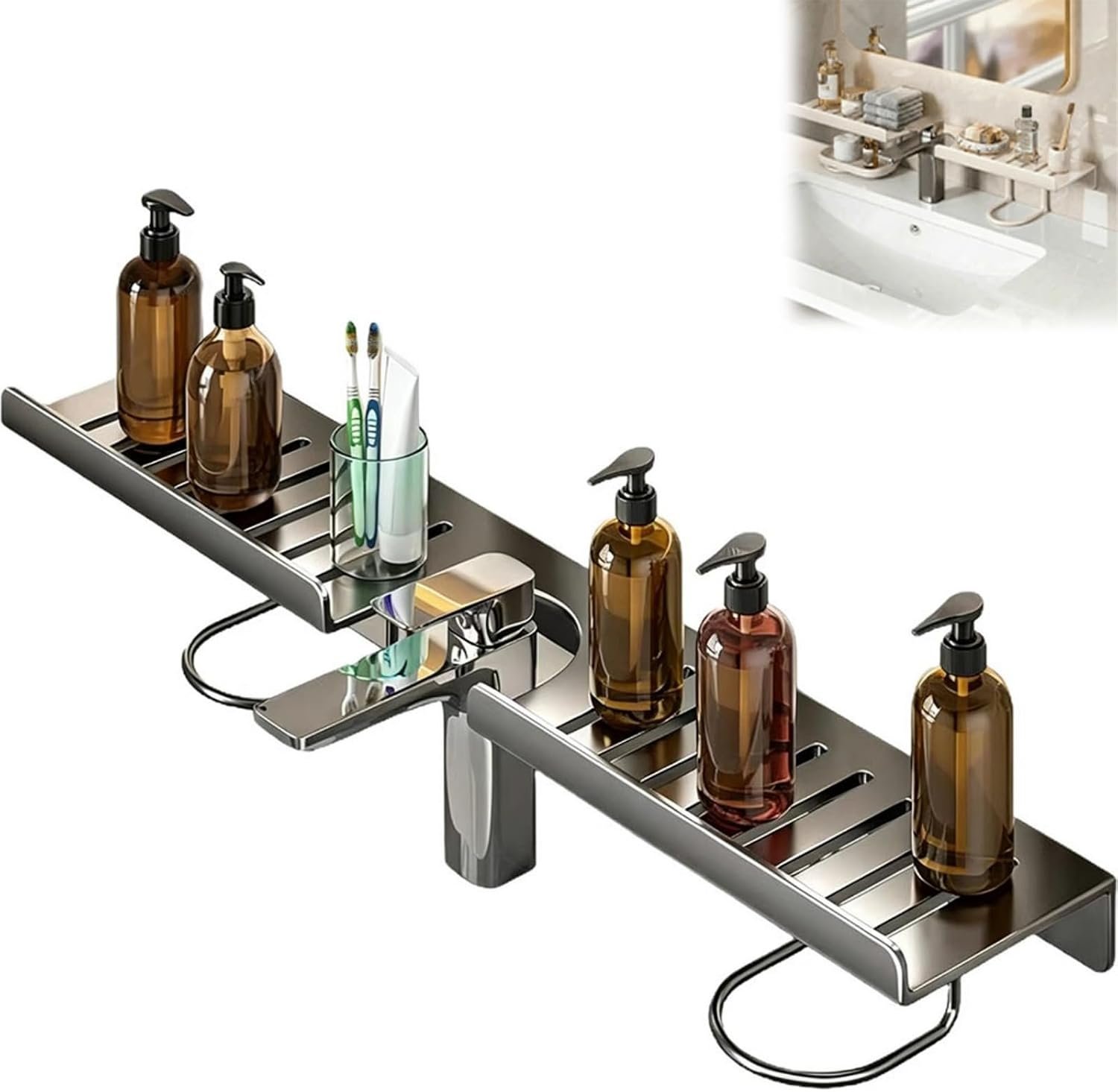 23.6 Inch Over Sink Faucet Storage Rack, No-Drill Countertop Storage Rack for Toiletries & Skincare, Over Sink Shelf, Compact Countertop Stand, for Kitchen, Bathroom, Shower, Easy Drainage (Gray)