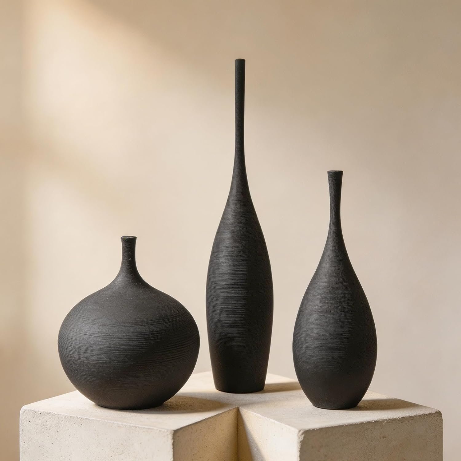 Black Ceramic Vases Set of 3, Modern Boho Vases for Centerpiece Decor, Matte Minimalist Decorative Vases for Home Decor, Living Room, Bookshelf, and Entryway Table Decor