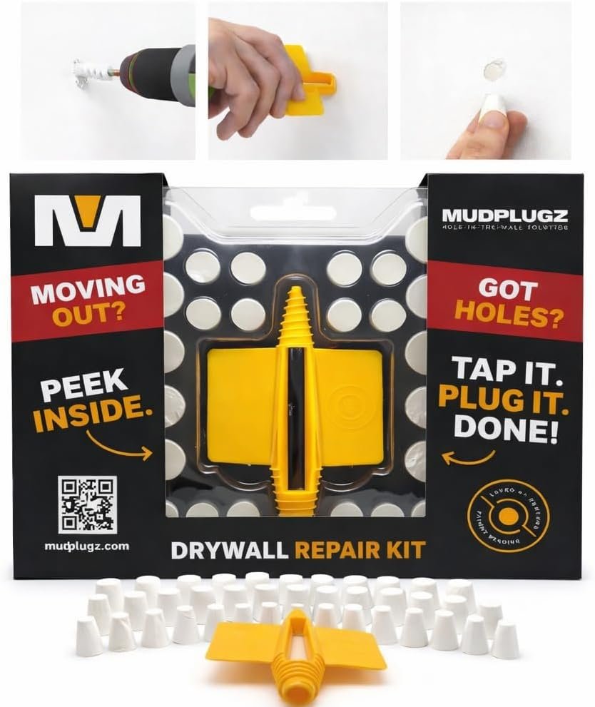 FIX Drywall Anchor Holes Fast – MudPlugz Drywall Hole Repair Kit – No Mesh – No Spackle – Professional Small Hole Wall Patch Kit – 36 Plugs – Reusable Prep Tool – Quick and Easy