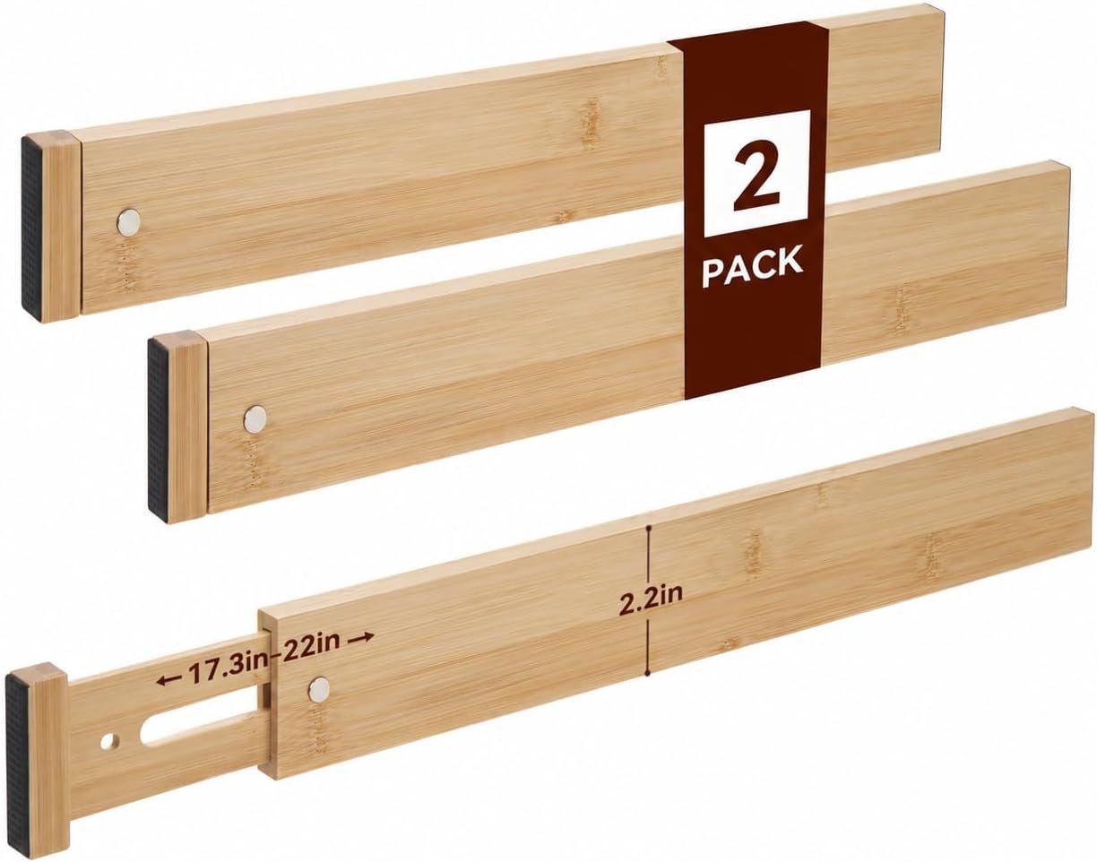 Drawer Dividers,Kitchen Drawer Organizer,2 Pack, 17.3”-22”,Natural | Adjustable Bamboo Drawer Dividers,Expandable Separators for Kitchen,Bathroom,Bedroom, Office