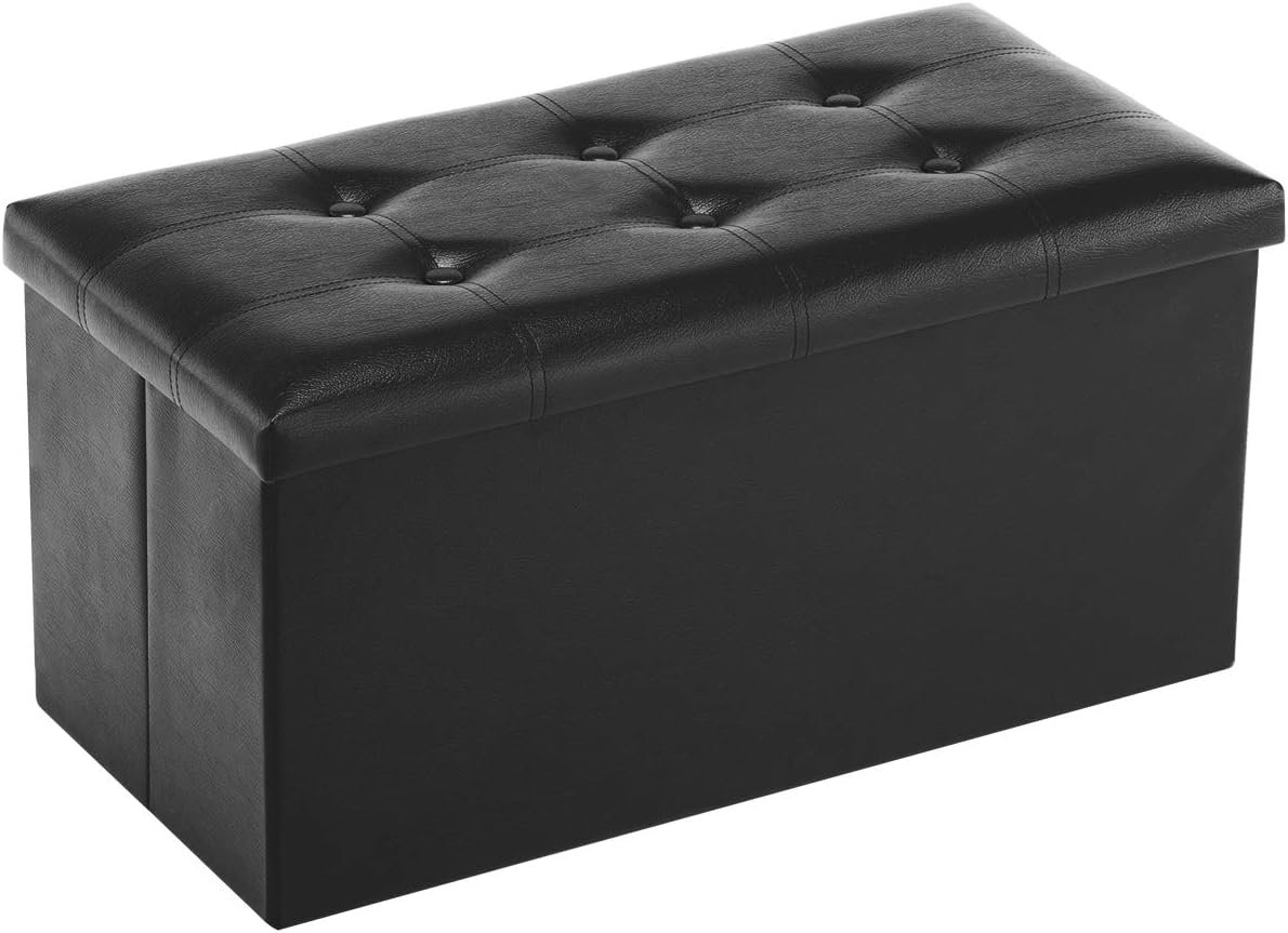 Youdesure 30″ Ottoman with Storage, Folding Faux Leather Bench, Black | Foldable ottoman with hidden storage, padded seat and sturdy MDF frame for everyday use.