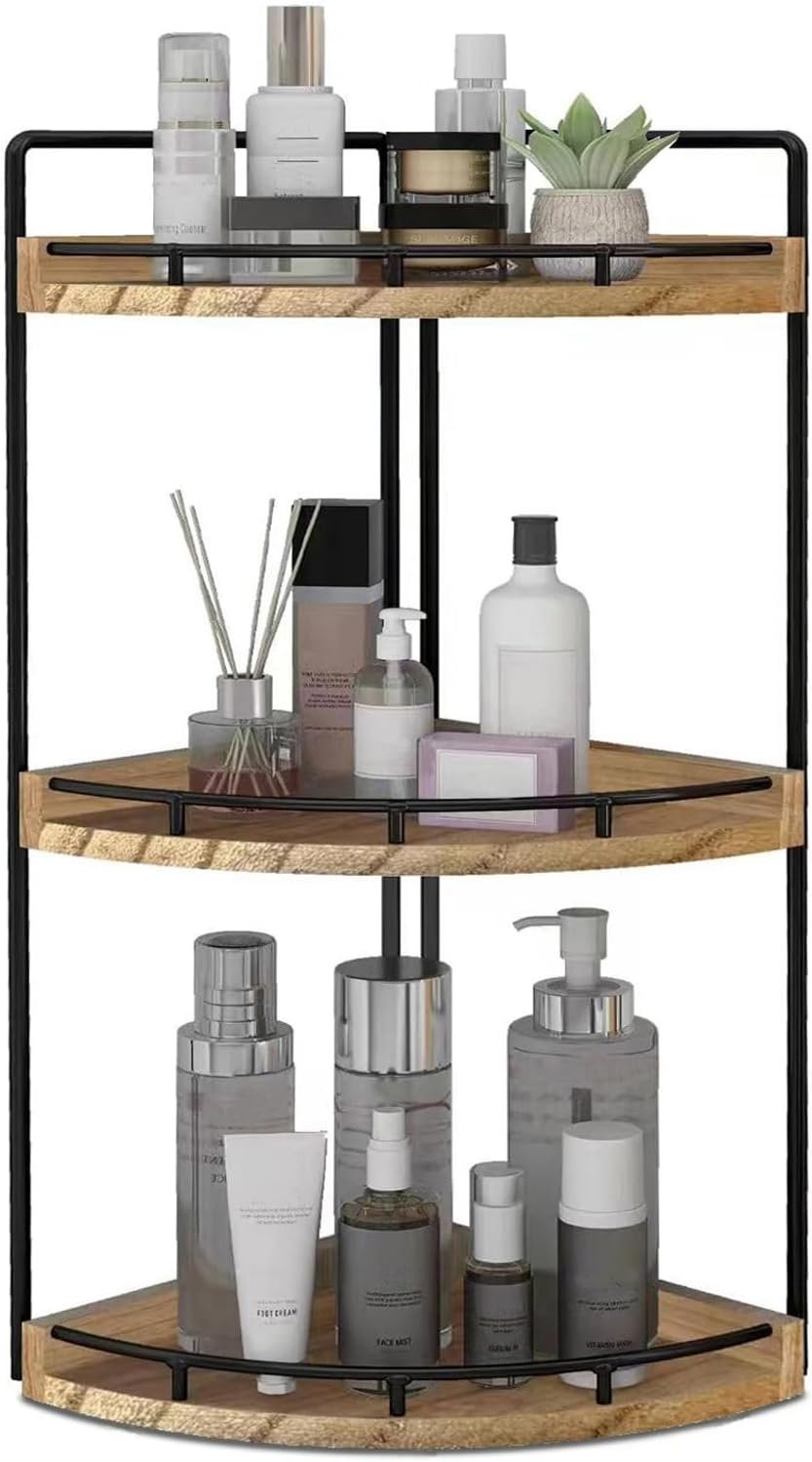 Dorhors Corner Bathroom Organizer Countertop,Vanity Counter Storage Shelf | 3 Tier Rustic Brown Stand Rack Holder for Kitchen,Dresser,Restroom,Wood Bathroom Sink Tray for Makeup,Perfume,Skincare,Lotion