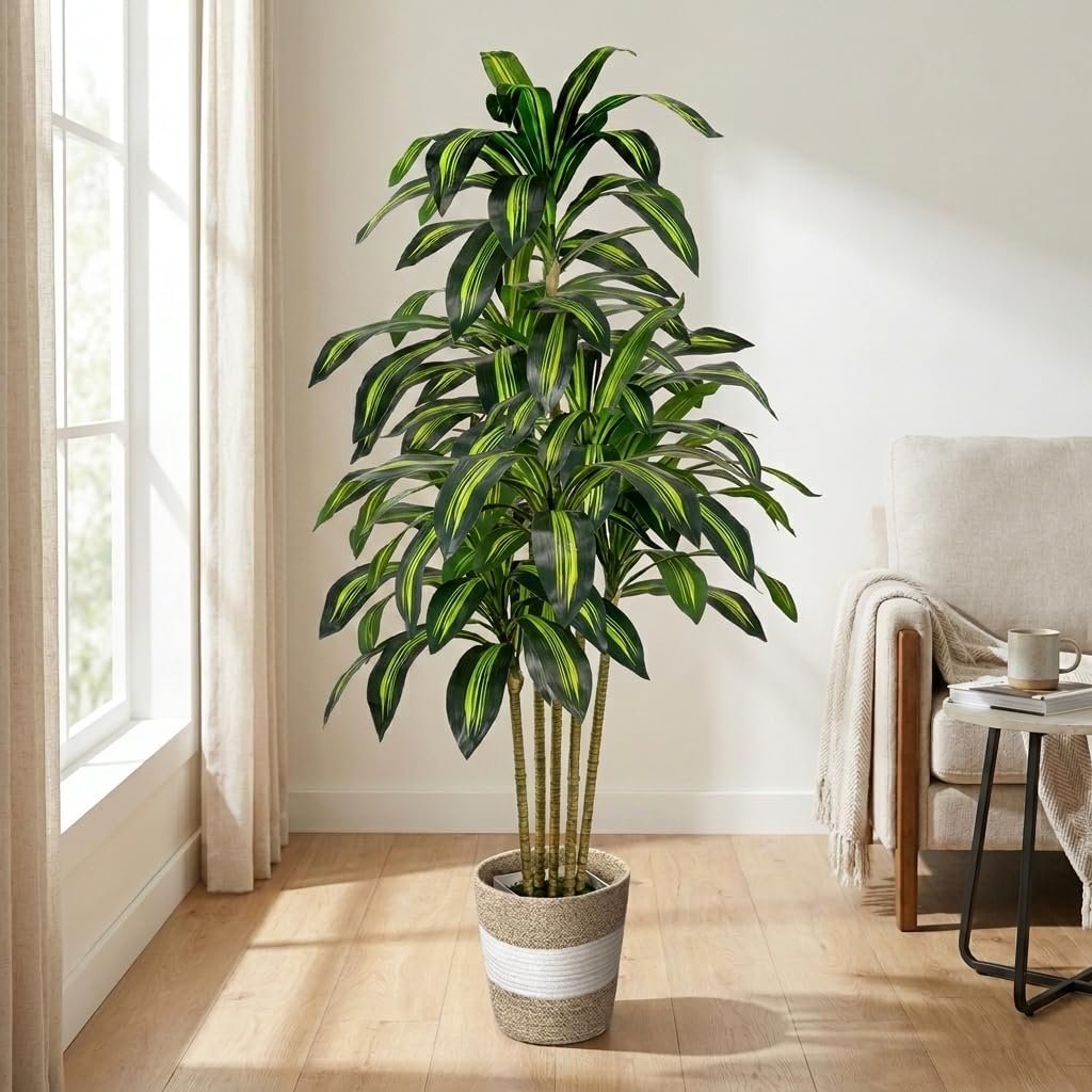 5FT Artificial Dracaena Fake Tree with Planter, Build in Basket | Maintenance-Free, Boho-Chic Basket Included, Large Artificial Plants Indoor, Fake Tree in pot for Outdoor Home Office Decor