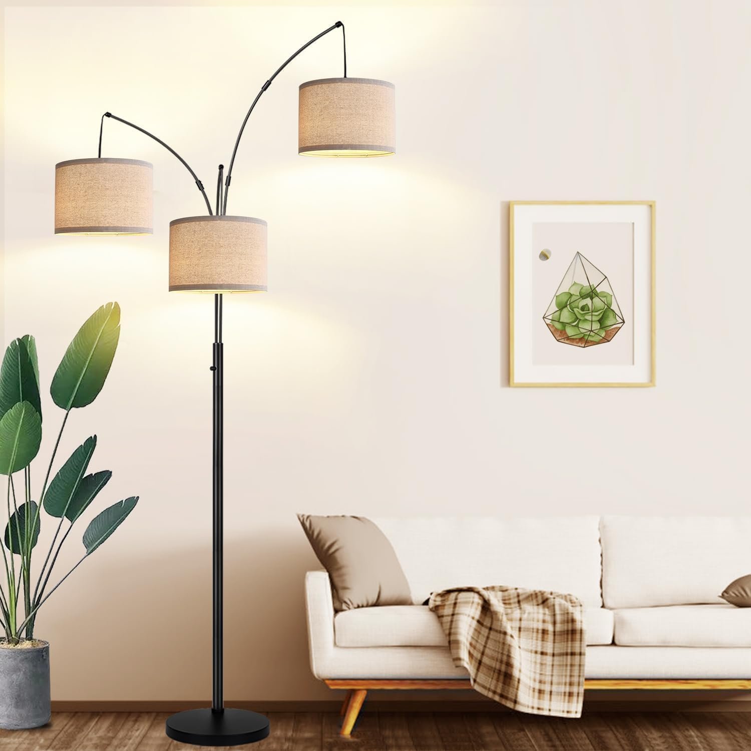 Dimmable 3 Lights Floor Lamp – 3000LM Super Bright Arc Floor Lamps for Living Room, Modern Tall Standing Lamp With Beige Shades, Mid Century Tree Floor Lamp for Bedroom Office, 3 LED Bulbs Included
