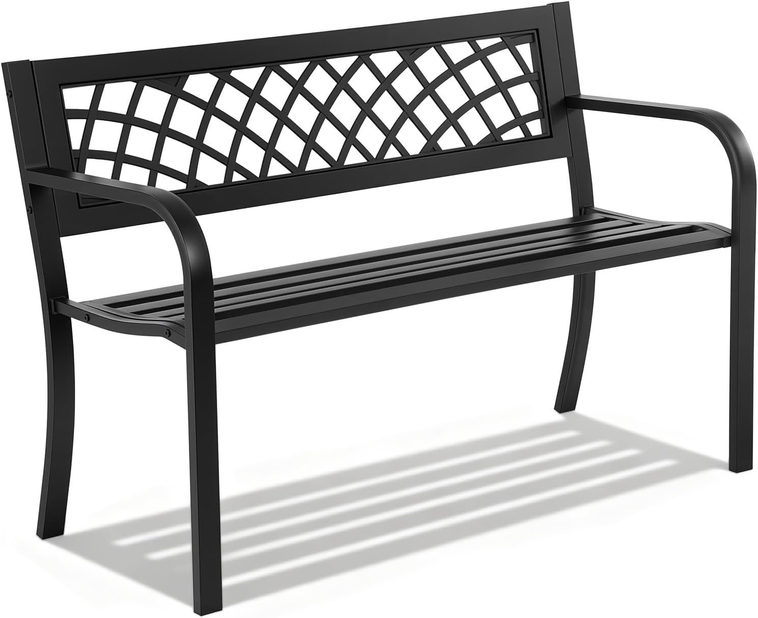 FDW | 46″ Outdoor Garden Bench | Black | 480lbs Load Capacity | Heavy Duty Metal Patio Bench with Grid Design | Rust & Weather-Resistant | For Lawn, Yard, Parks, Patio, Porch, Entryway
