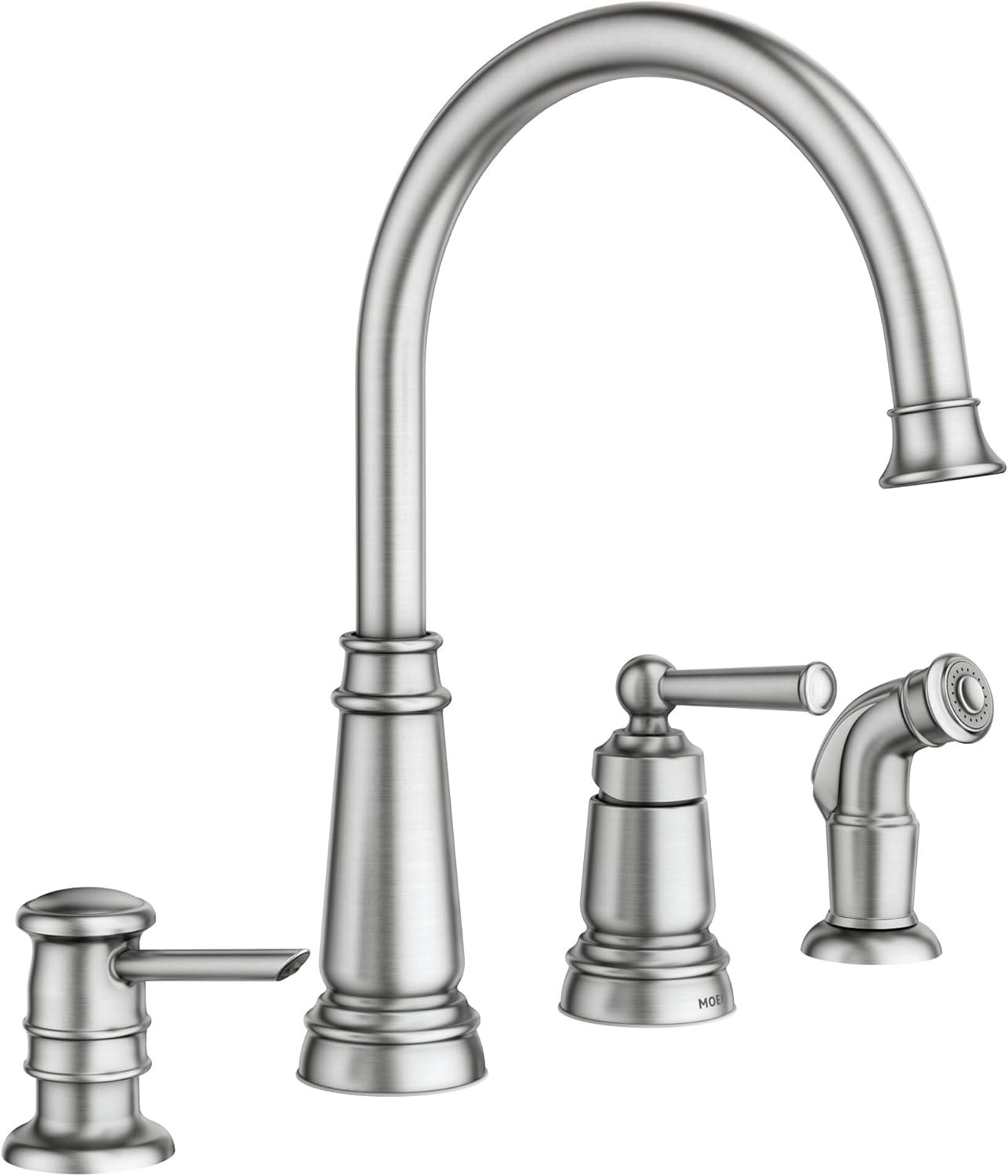 Moen 87042SRS Edison One-Handle High Arc Kitchen Faucet with Side Sprayer and Soap Dispenser, 4-Hole, Spot Resist Stainless
