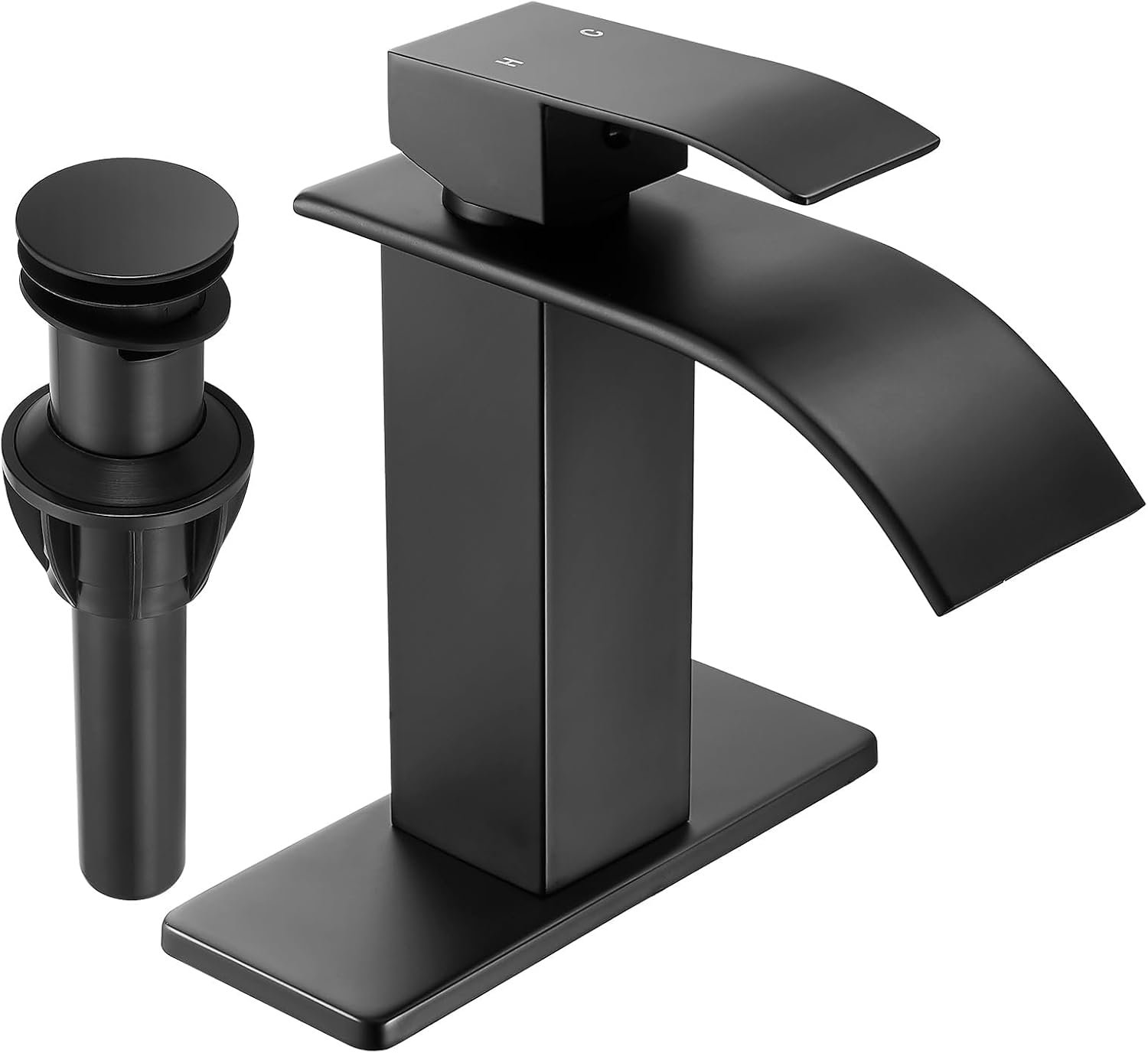 Fransiton Waterfall Single Handle Bathroom Sink Faucet with Drain Black | Matte Black Vanity Faucet with Pop-up Drain, Ceramic Valve, for 1 or 3 Hole Modern Bathrooms.