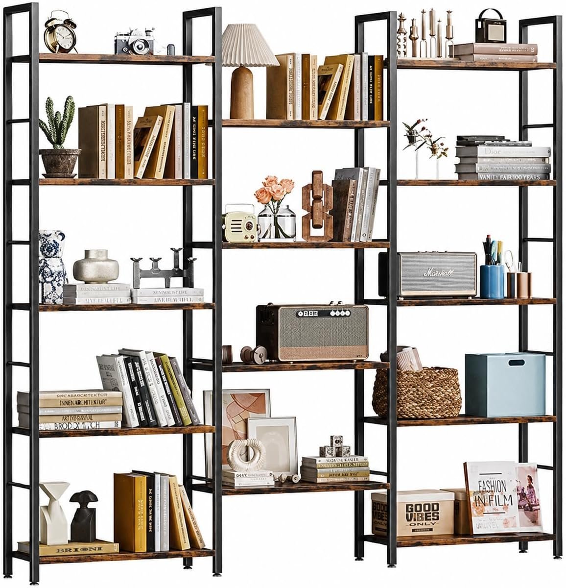Shintenchi Triple 5 Tier Bookshelf, Industrial Large Bookcase with 14 Open Display Shelves, Large Etagere Bookshelf,Wide Book Shelf Book Case for Home & Office, Brown