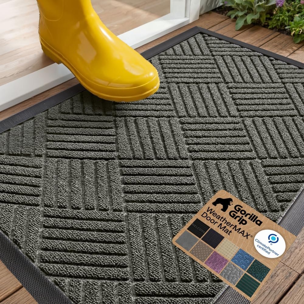 GORILLA GRIP 100% Waterproof All-Season WeatherMAX Doormat US Designed Natural Rubber, Stain Fade Resistant, Low Profile Indoor Outdoor Door Mats, Easy Clean, 29×17 Gray Diamond