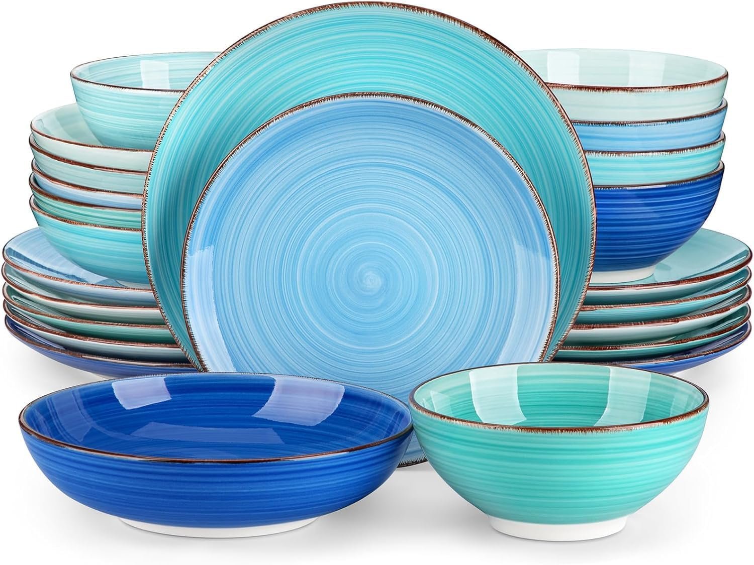 vancasso Bonita Stoneware Dinnerware Sets, 24 Pieces Dishes Set for 6 | Hand-Painted Spiral Dishes for Dinner, Ceramic Kitchen Plates and Bowls Sets-Microwave and Dishwasher Safe (Blue,24 Pcs)