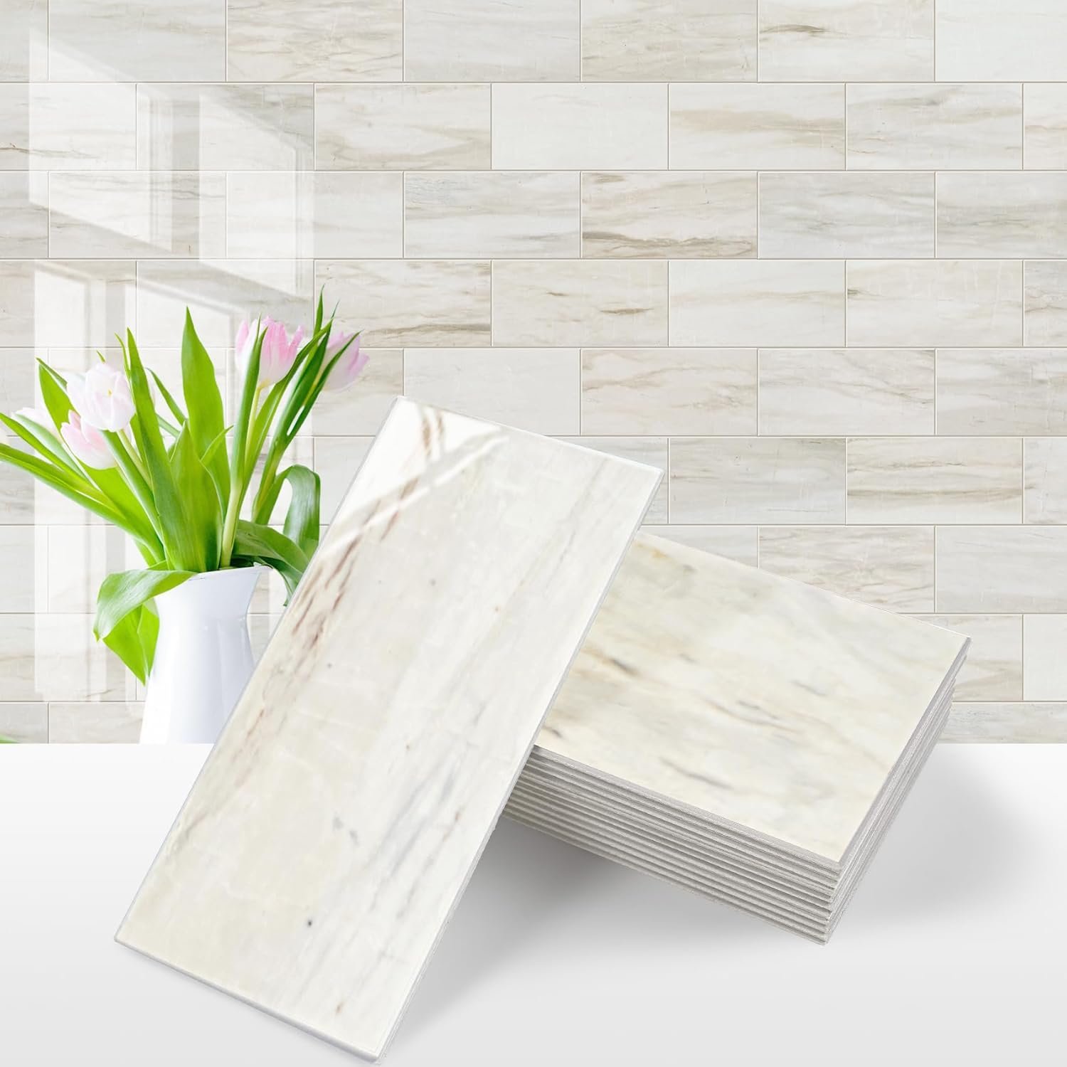 Vamos Tile 100-Piece Glossy Wooden Marble Grain Peel and Stick Backsplash Tile,3”x6” PVC Subway Tile with White Grout, Stick on Backsplash for Kitchen/Bathroom/Fireplace