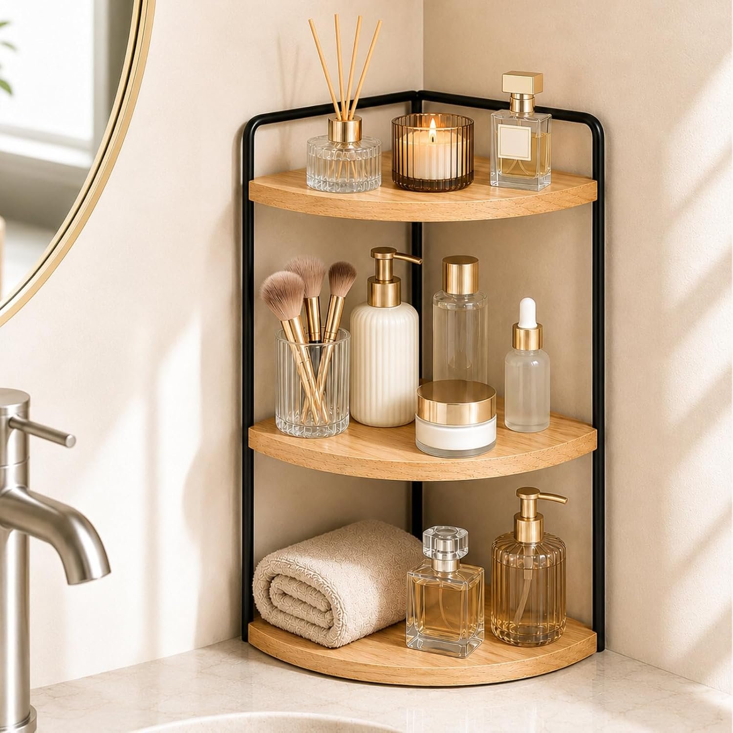 3-Tier Corner Bathroom Countertop Organizer, Solid Pine Wood Vanity Shelf | Natural wood solid pine shelves with 6.3 in clearance for tall bottles, skincare, perfume, and daily essentials.