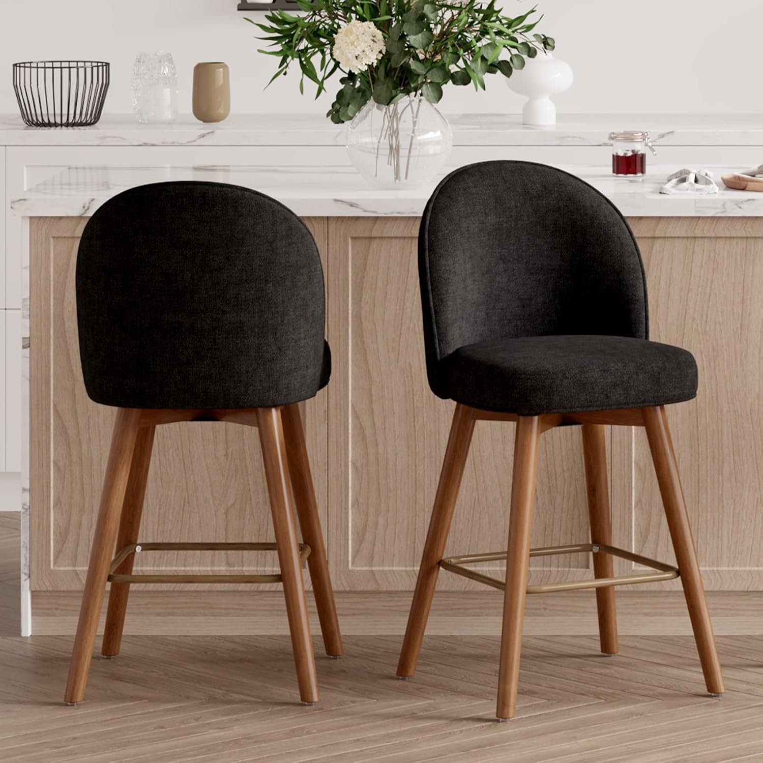 Modern Swivel Bar Stools Set of 2, Chic Upholstered Counter Height(26IN) Bar Chair with Back, Solid Wood Legs and Footrest, Comfortable Chenille Bar Stool for Kitchen Island, Charcoal Black