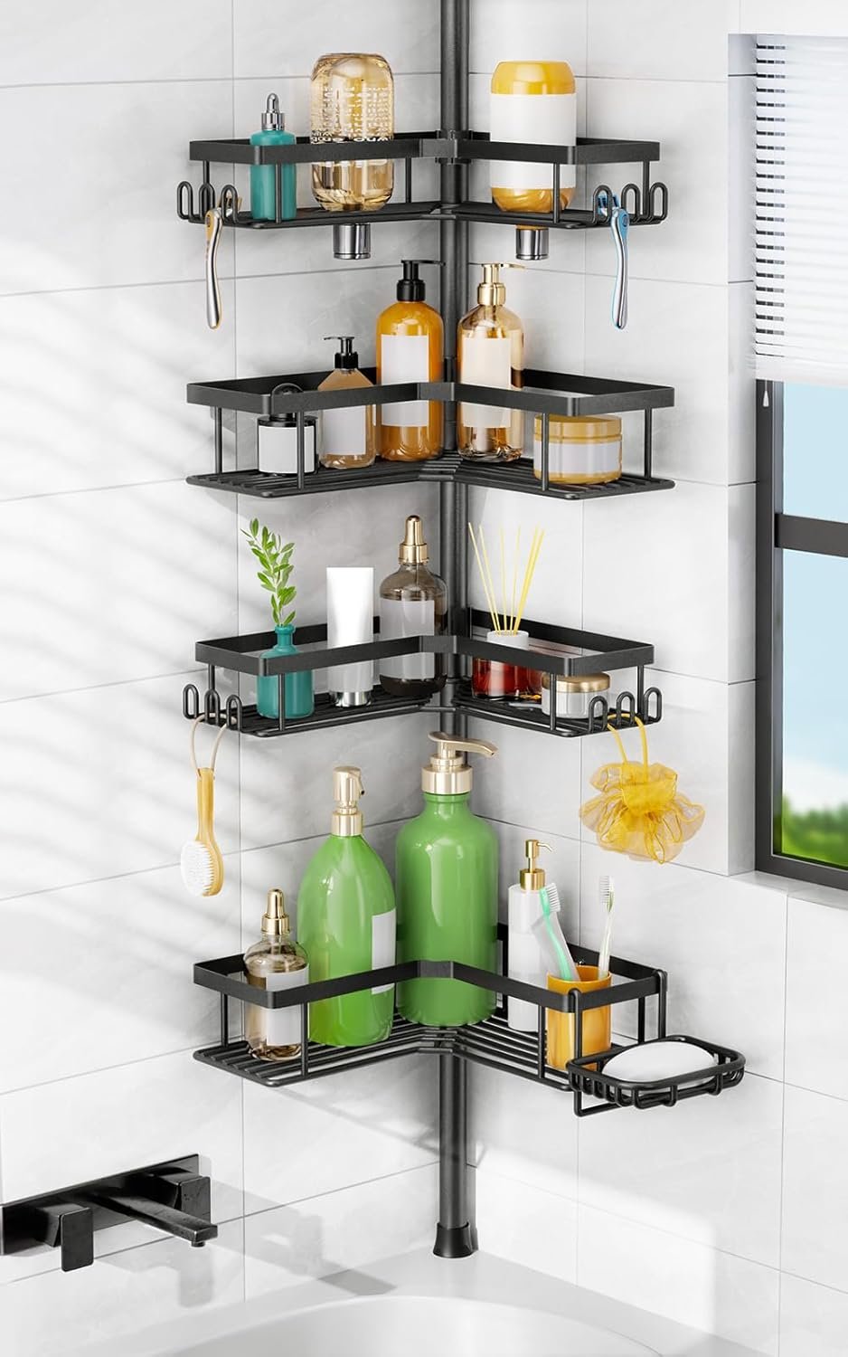 HAMITOR Shower Caddy Tension Pole: Corner Bathroom Organizer for Renters | L-shaped 4-Tier Baskets with Soap Holder & Hooks for Small Space, No Drilling Adjustable Storage Rack for Family, 47-123inch