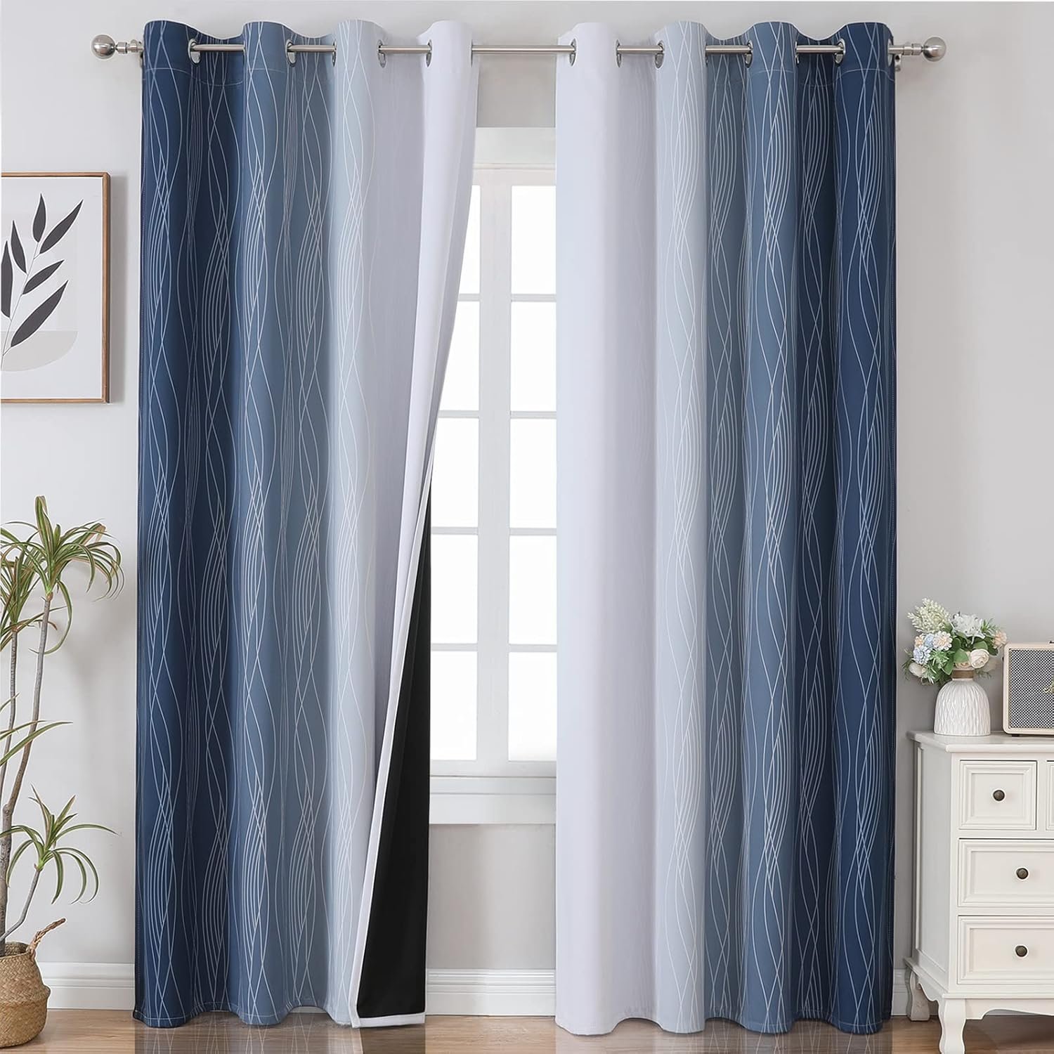 Navy Blue and Greyish White Blackout Curtains for Living Room 84 Inch Long | Estelar Textiler Ombre Room Darkening Bedroom Curtains, Light Blocking,Thermal Insulated Grommet Window Drapes,52×84,2 Panels