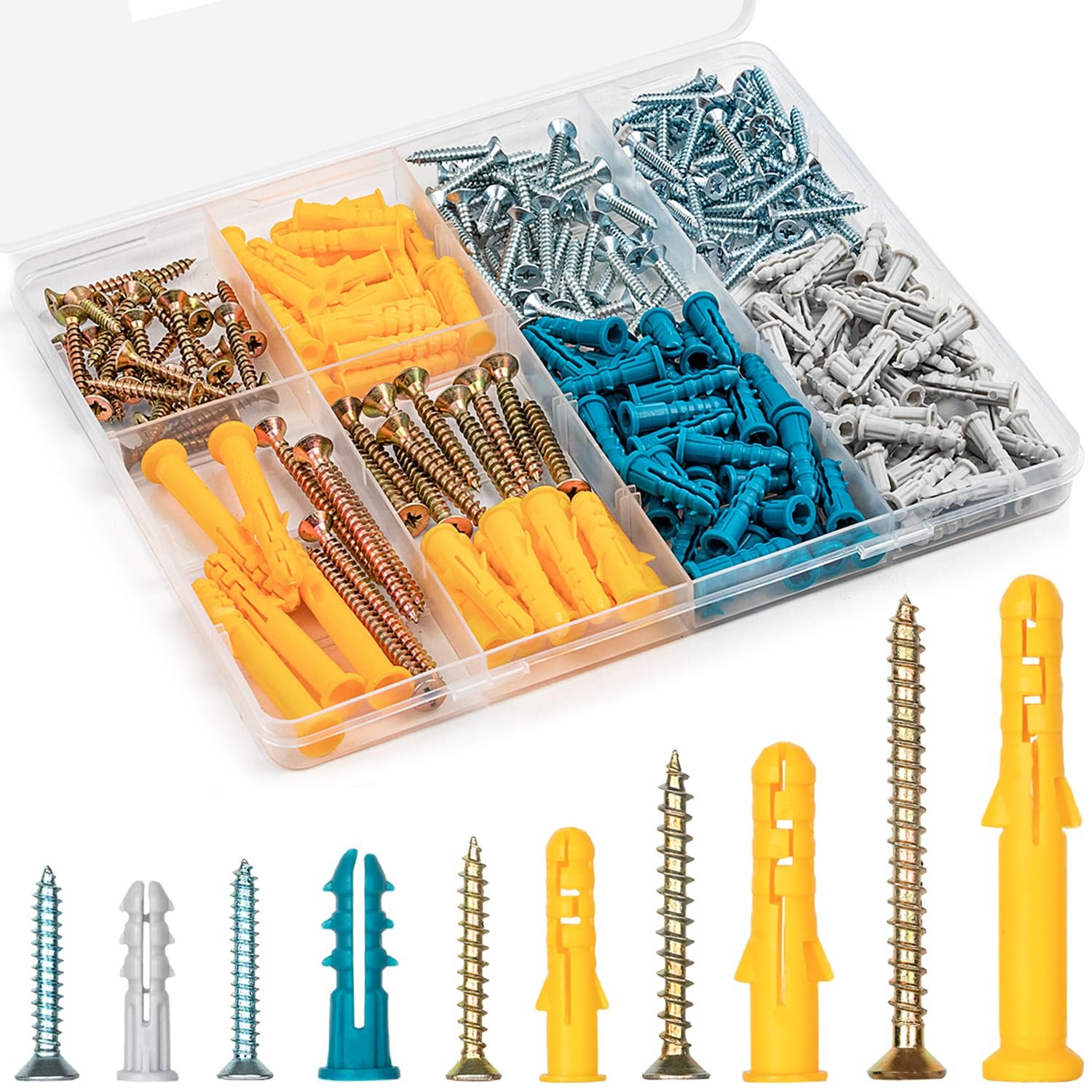Drywall Anchors and Screws Assortment Kit 270PCS, 135 Plastic Dry Wall Expansion Anchors and 135 Phillips Flat Head Wood Screws, 5 Sizes Wall Hanging Kit for Art Decor, Replaces Picture Nails