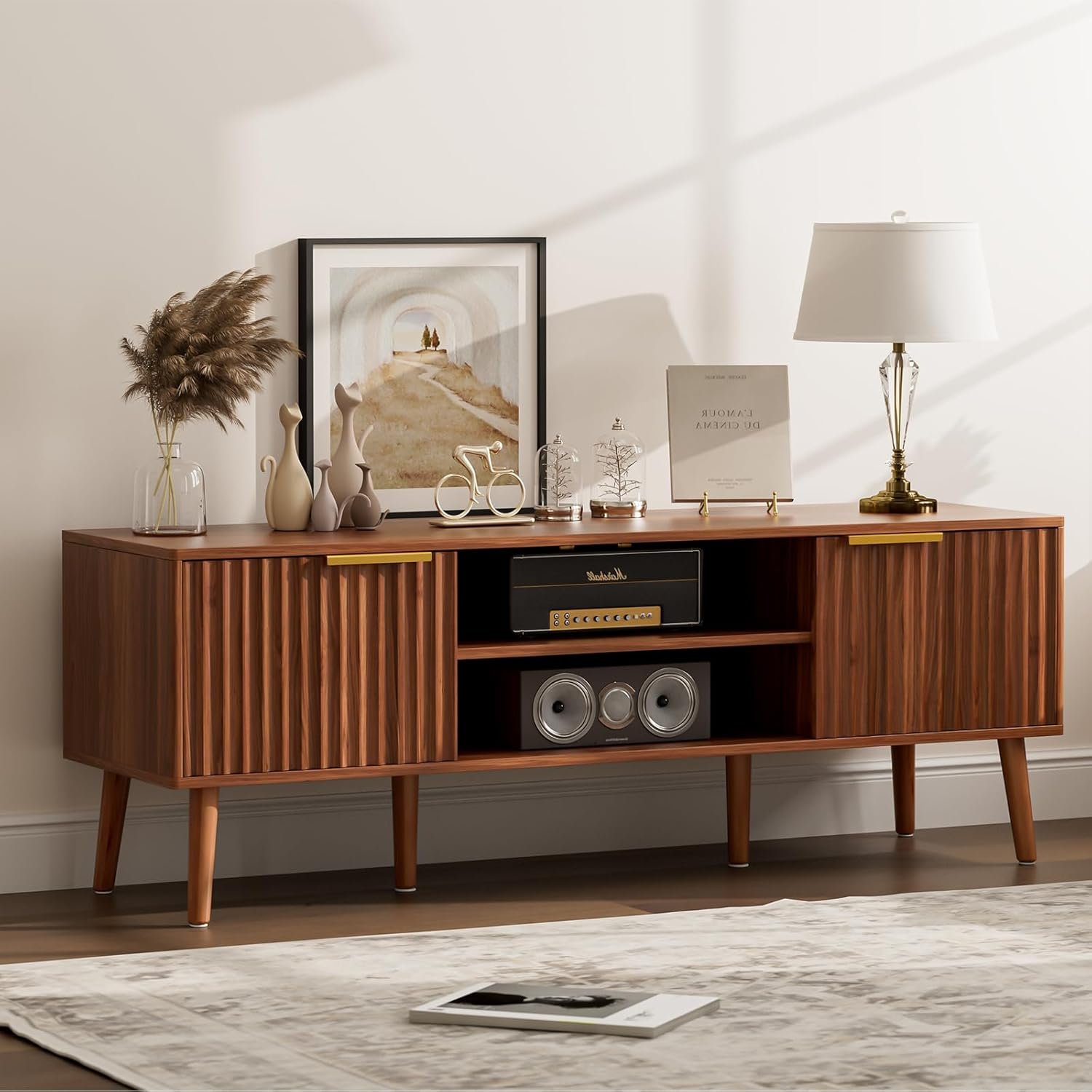 LCRBOL TV Stand with Fluted Doors for TVs up to 65″, Mid-Century, Walnut | 54.3″W x 15.3″D x 19.6″H, 150 lbs capacity, 2 fluted door cabinets & 2 adjustable shelves, cable holes, 5 tapered legs