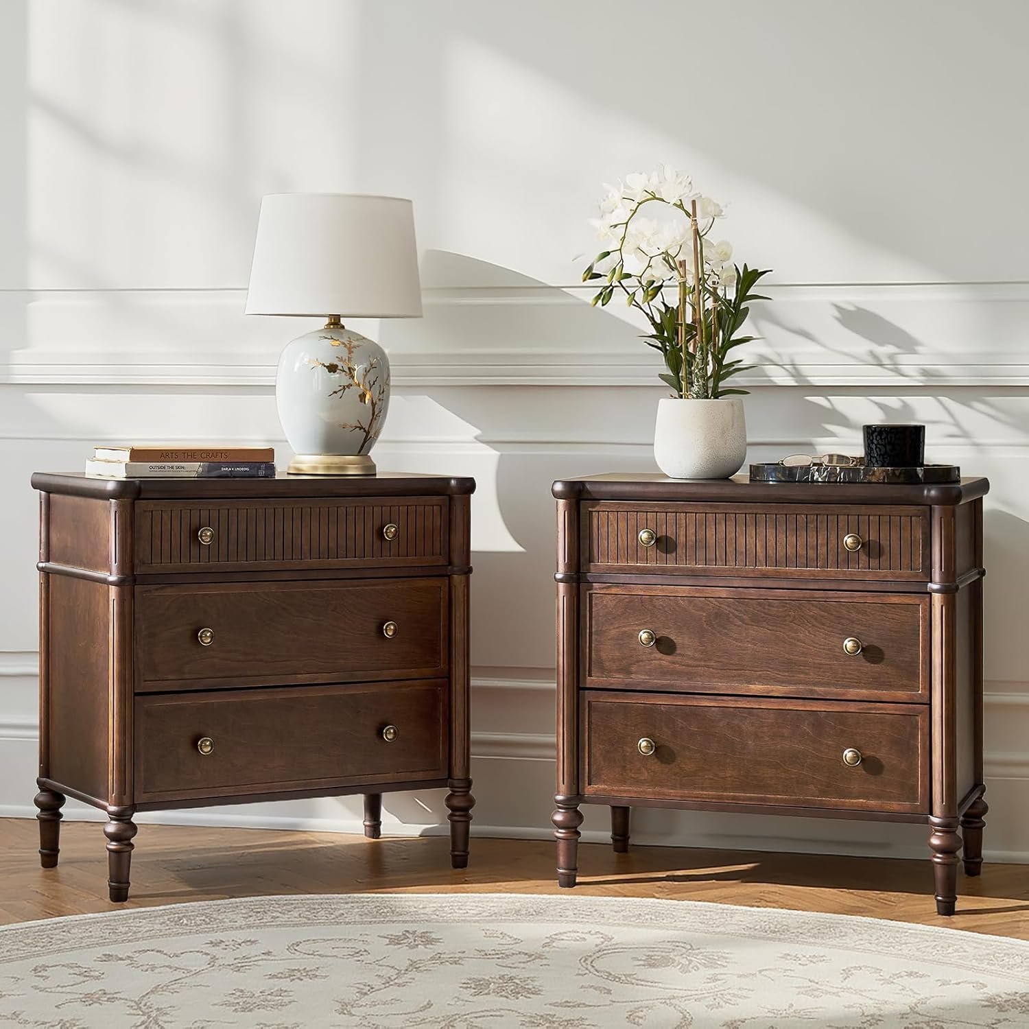 HULALA HOME Traditional End Table with Charging Station, Fluted End Tables with Wood Drawers and Solid Wood Spindle Legs, 28 Inch Wide Storage Set of 2, Walnut