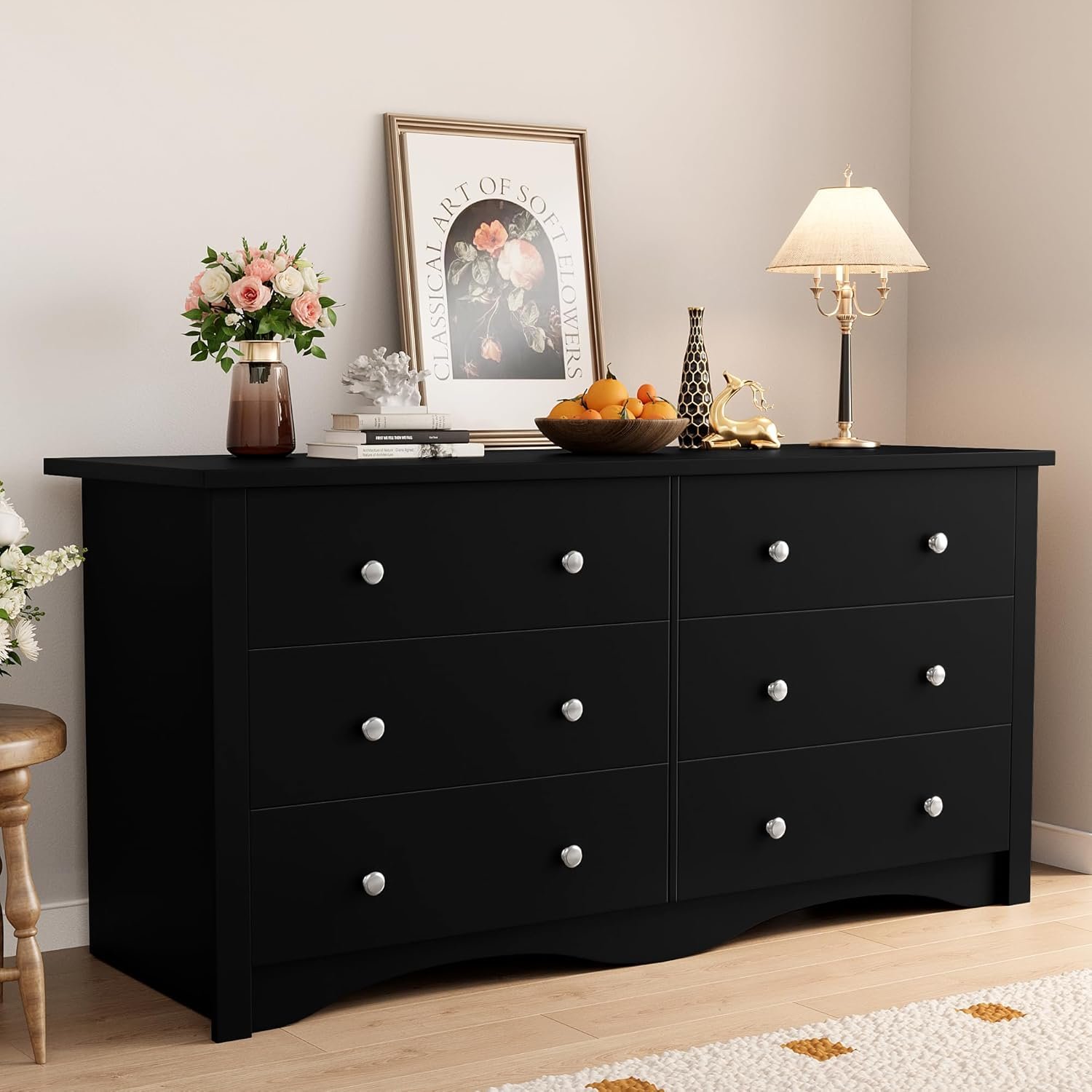 Shahoo Black Dresser for Bedroom with 6 Drawers, 47.2″ Wood Dresser | Chests of Drawers, Anti-tip, Storage Organizer, TV Stand for Living Room, Closet, Hallway, Dormitory