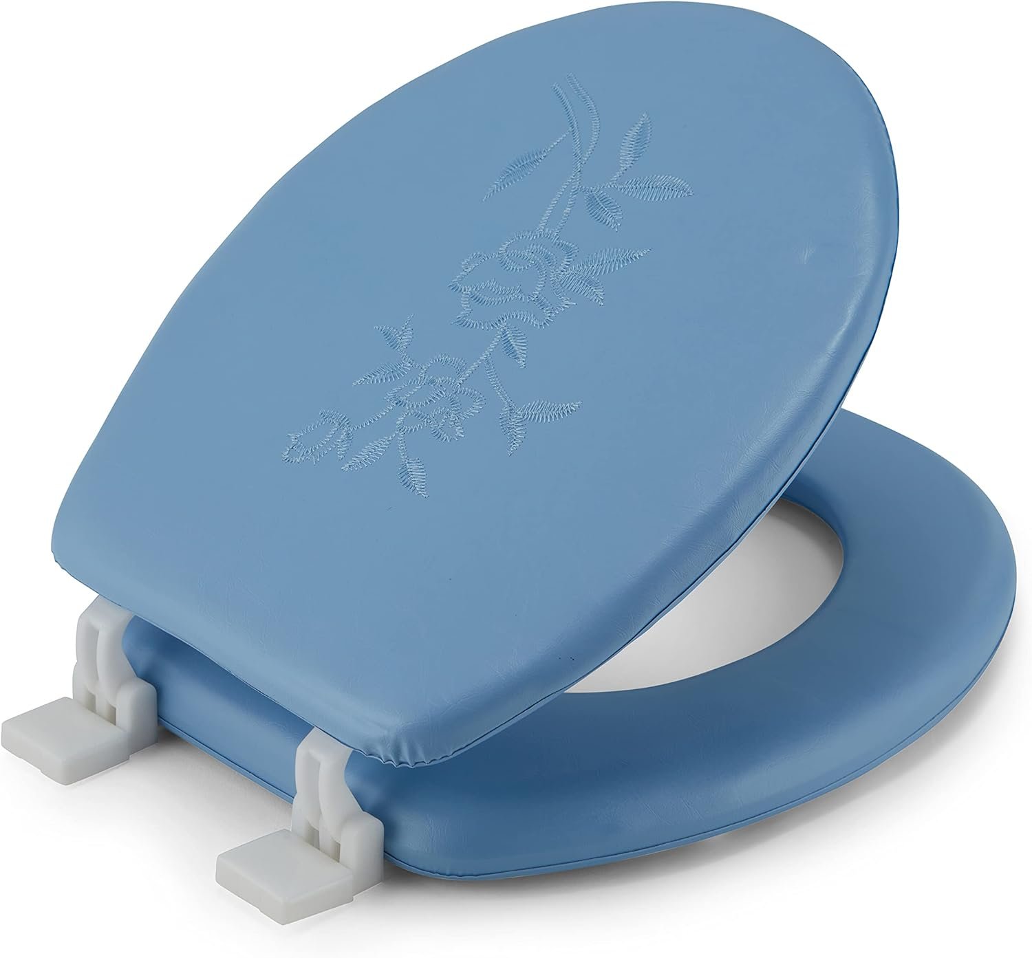 J&V Textiles Embroidered Soft Round Toilet Seat With Easy Clean & Change Hinge, Padded (Light Blue)