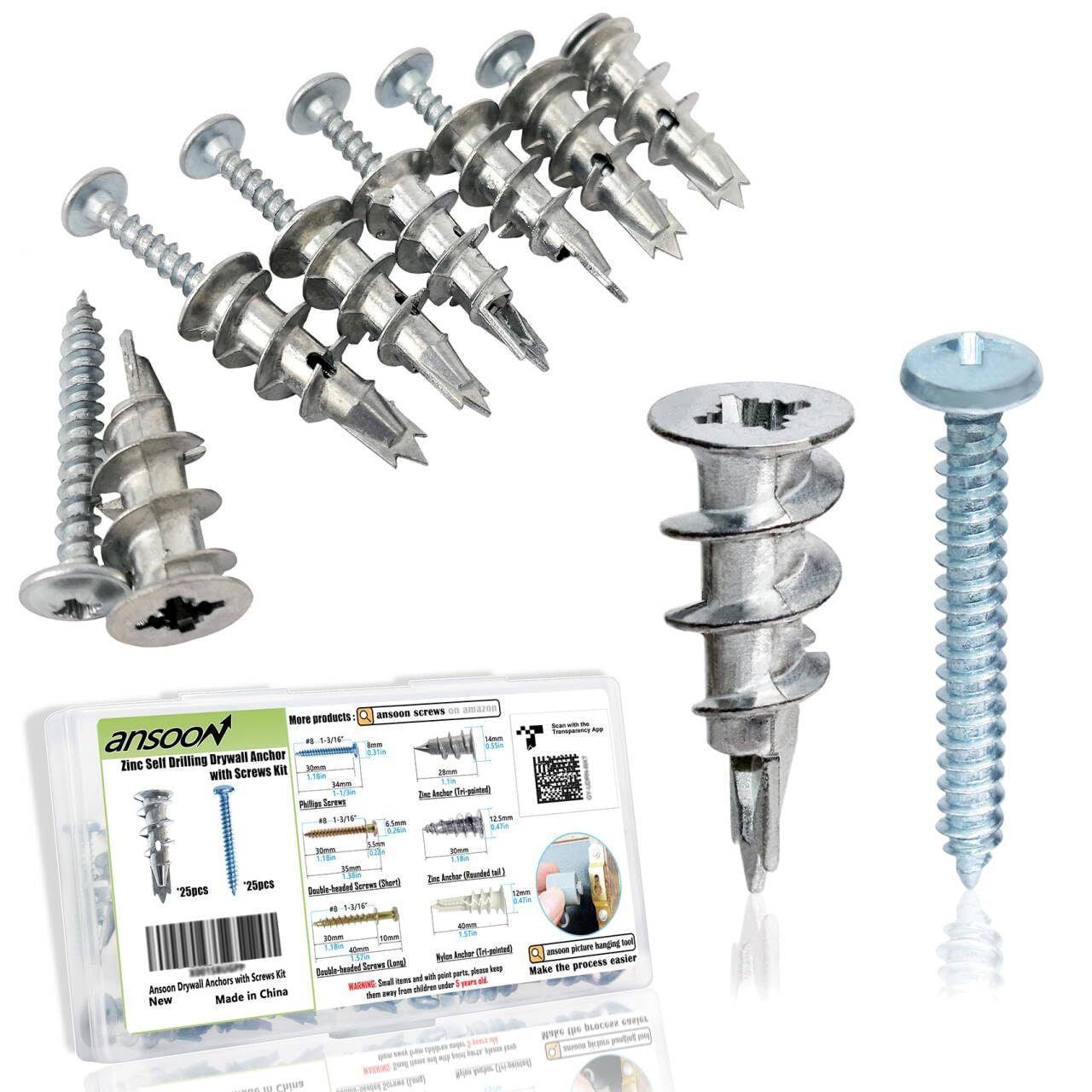 50Pcs Metal Self Drilling Drywall Anchors Heavy Duty with Screws Kit | 25 Heavy Duty Metal Wall Anchors for Drywall with 25 #8 x 1-1/4” Screws ,No Pre Drill Hole Required, Holds Upto 75lbs