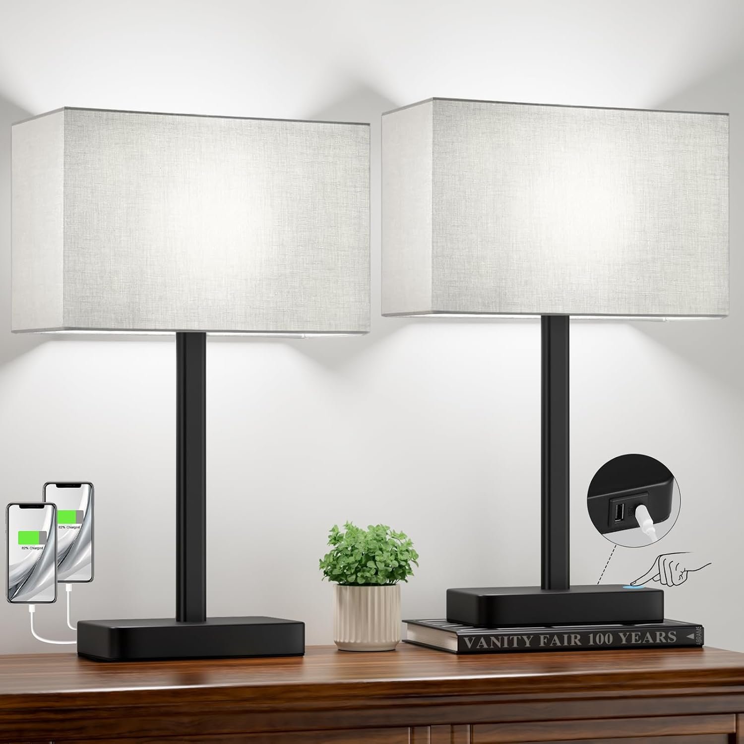 Touch Lamps for Bedroom, 3 Way Dimmable Grey Bedside Table Lamps Set of 2 | USB C+A Charging Port, Modern Table Lamp for Night Stands, Desk Lamp for Nightstand, Bed Side, Living Room, End Tables