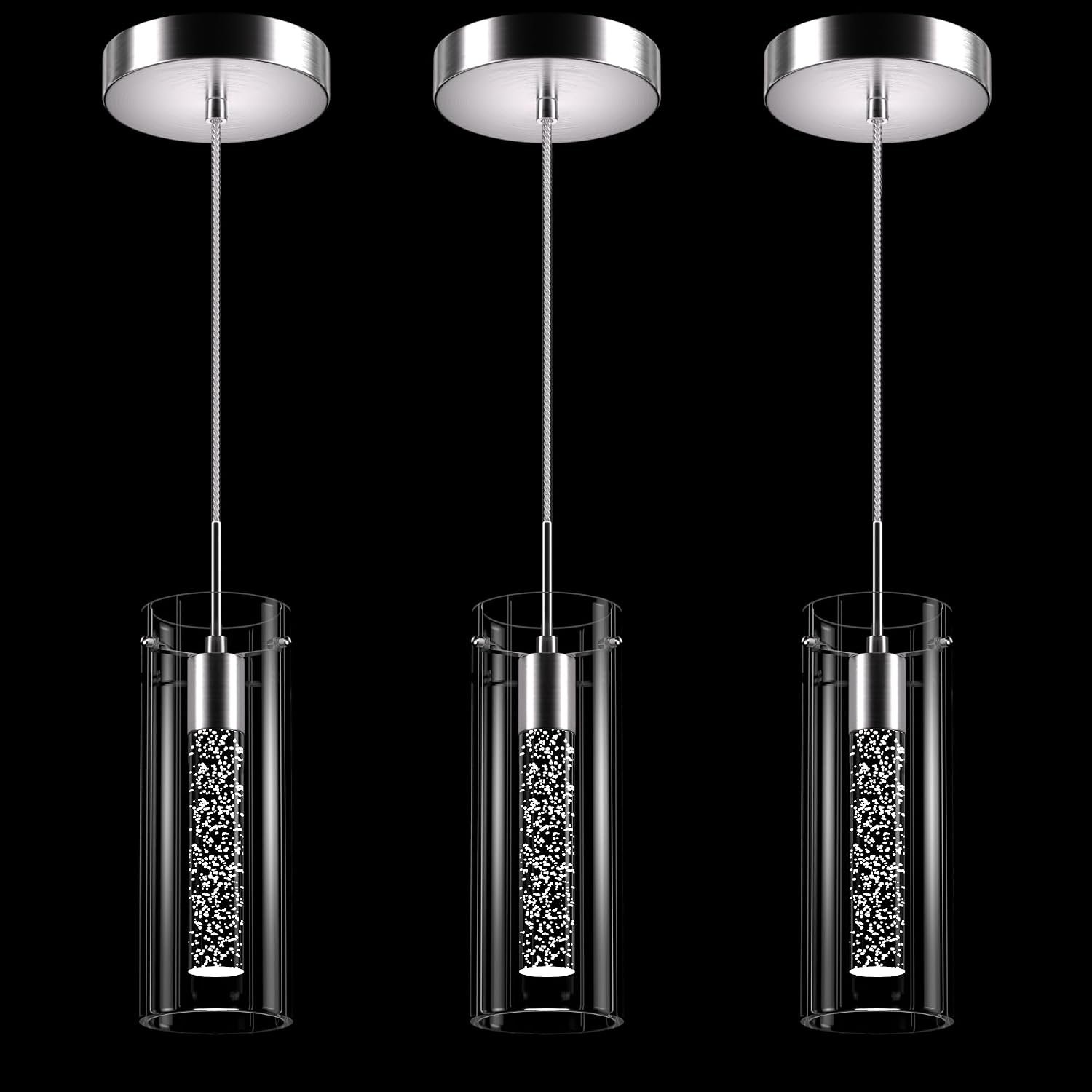 Pendant Ceiling Light Fixture, LED Kitchen Lighting Crystal Pendant Lights Kitchen Island, 1-Light Integrated Kitchen Hanging Light Fixture Modern Island Light with Bubble Glass Three Pack
