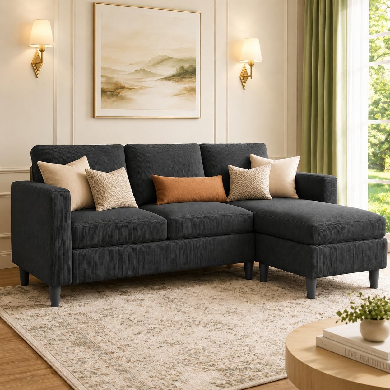 3-Seat Reversible Sectional Sofa with Convertible Ottoman, Modern Ribbed Fabric L-Shaped Couch for Living Room, Small Apartment & Office, Easy Tool-Free Assembly, Grey