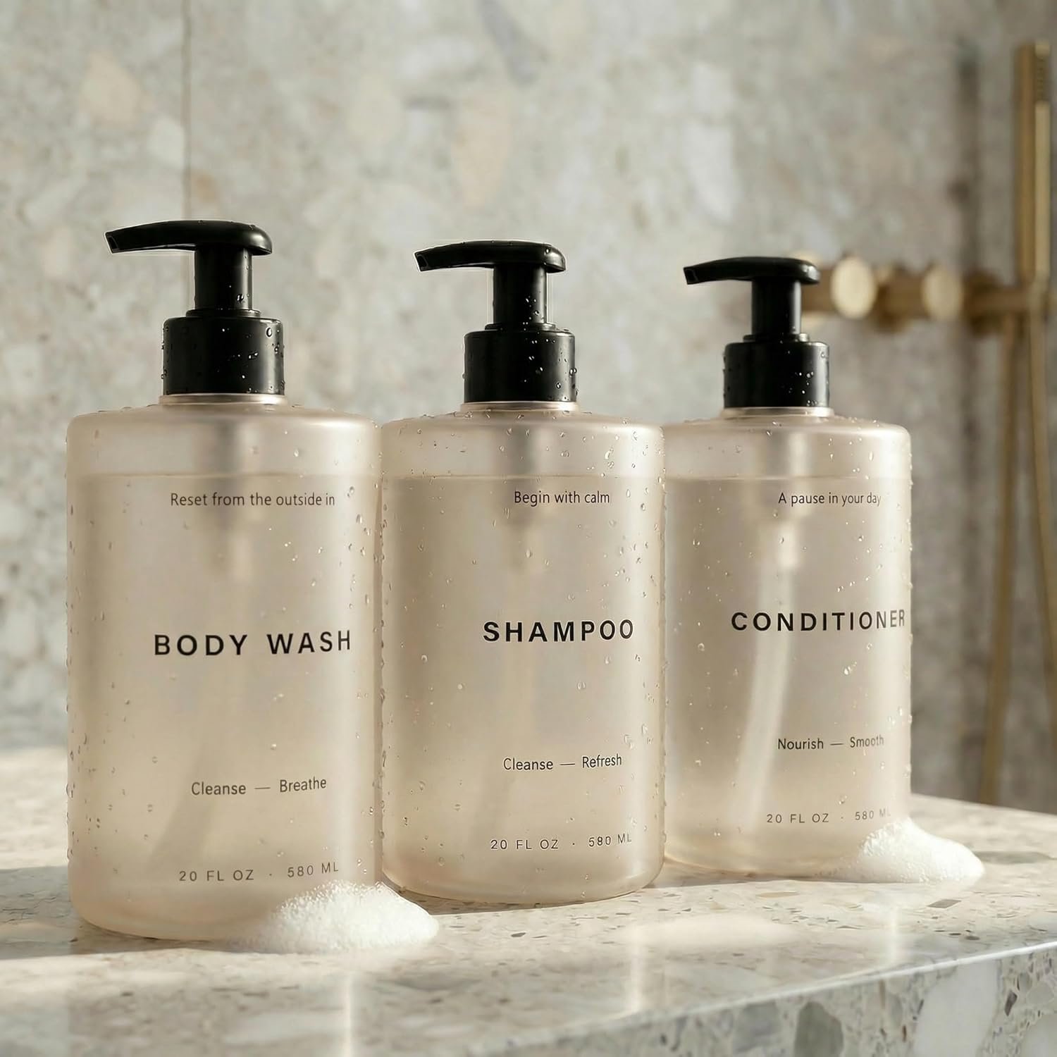 Stylish Shampoo and Conditioner Dispenser Set of 3 – Modern 20oz Shower Soap Bottles with Pump and Labels – Easy to Refill Body Wash Dispensers for an Instant Bathroom Decor Upgrade