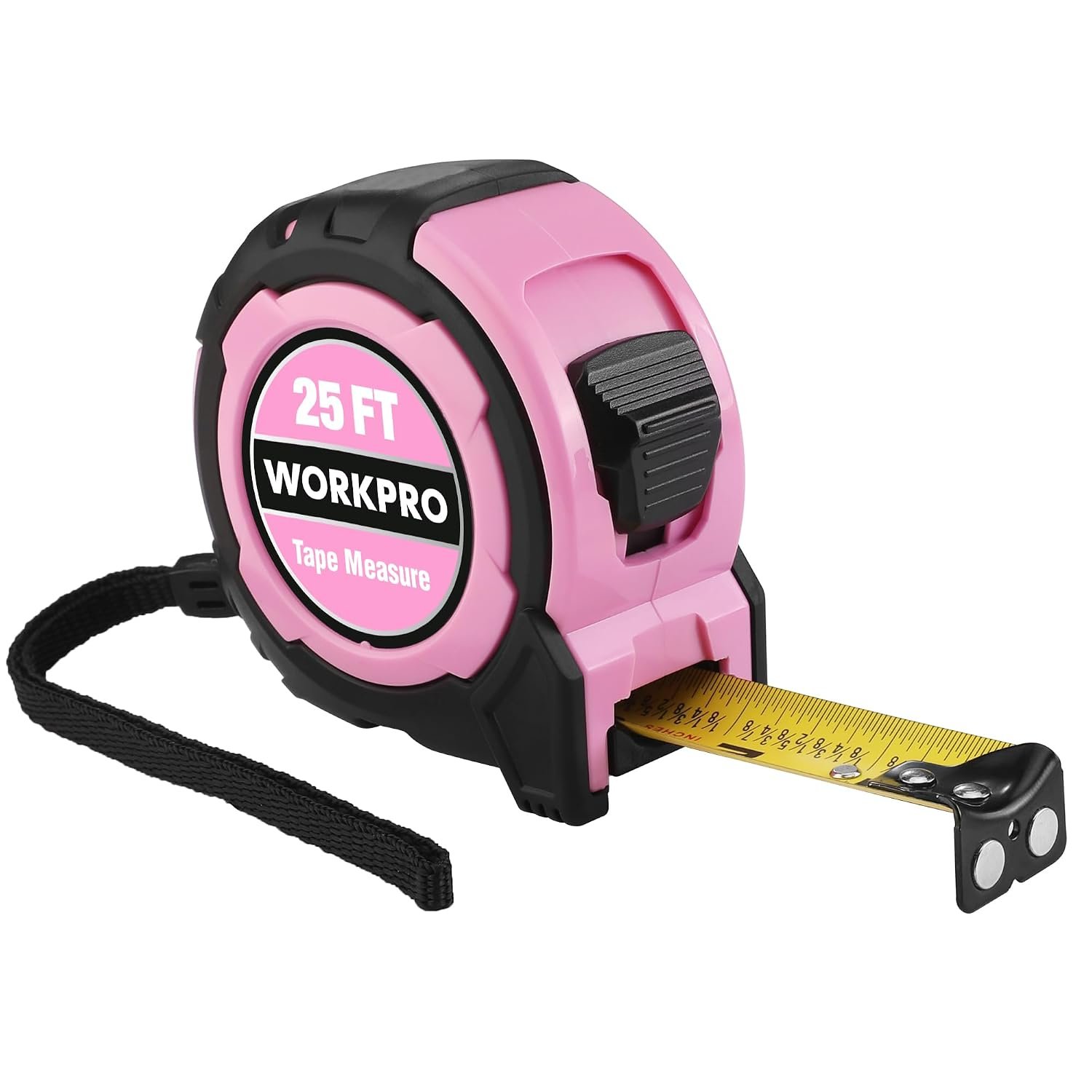 WORKPRO 25FT Pink Tape Measure, 1/8 Fractions Easy Read Measuring Tape | Retractable Nylon Coating Measurement Tape Accuracy 1/32, Magnetic Hook, Belt Clip, Rubber Protective Casing – Pink Ribbon