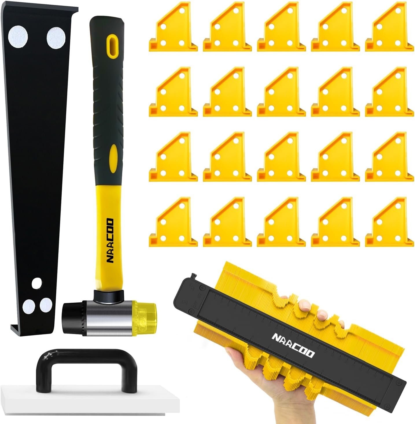 NACCOO Laminate Flooring Tools, 5in1 Floor Installation Kit for Vinyl Plank | Tapping Block with Handle,10” Contour Gauge,Pull Bar,2 in 1 Spacers, Double-Faced Mallet, Professional Vinyl Flooring Tools